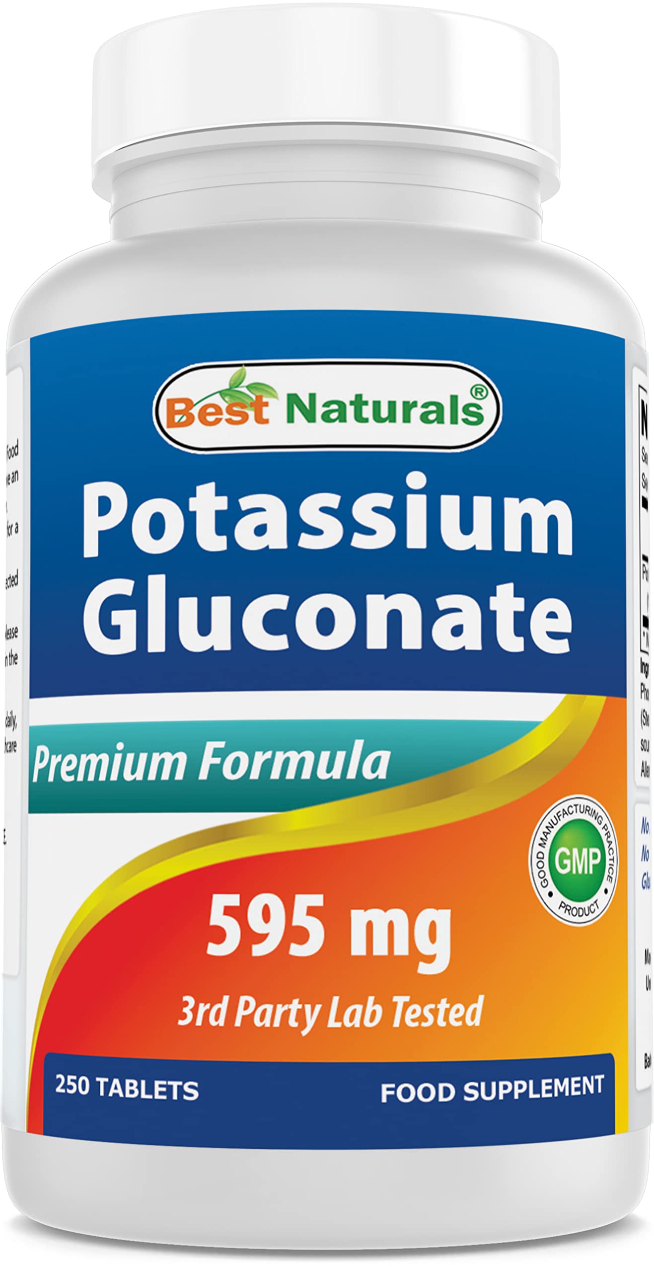 Best Naturals gluconate de potassium - bouteille de 250 comprimés pour un apport quotidien.