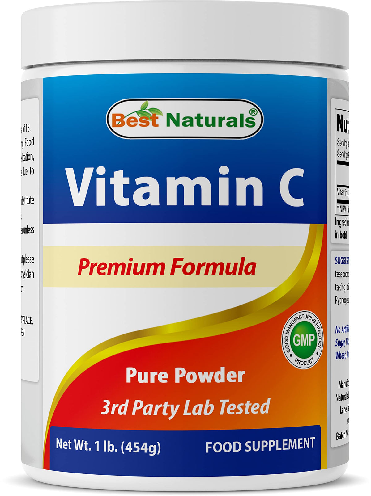 Best Naturals poudre vitamine C en bouteille, soutien potentiel au système immunitaire et énergie.