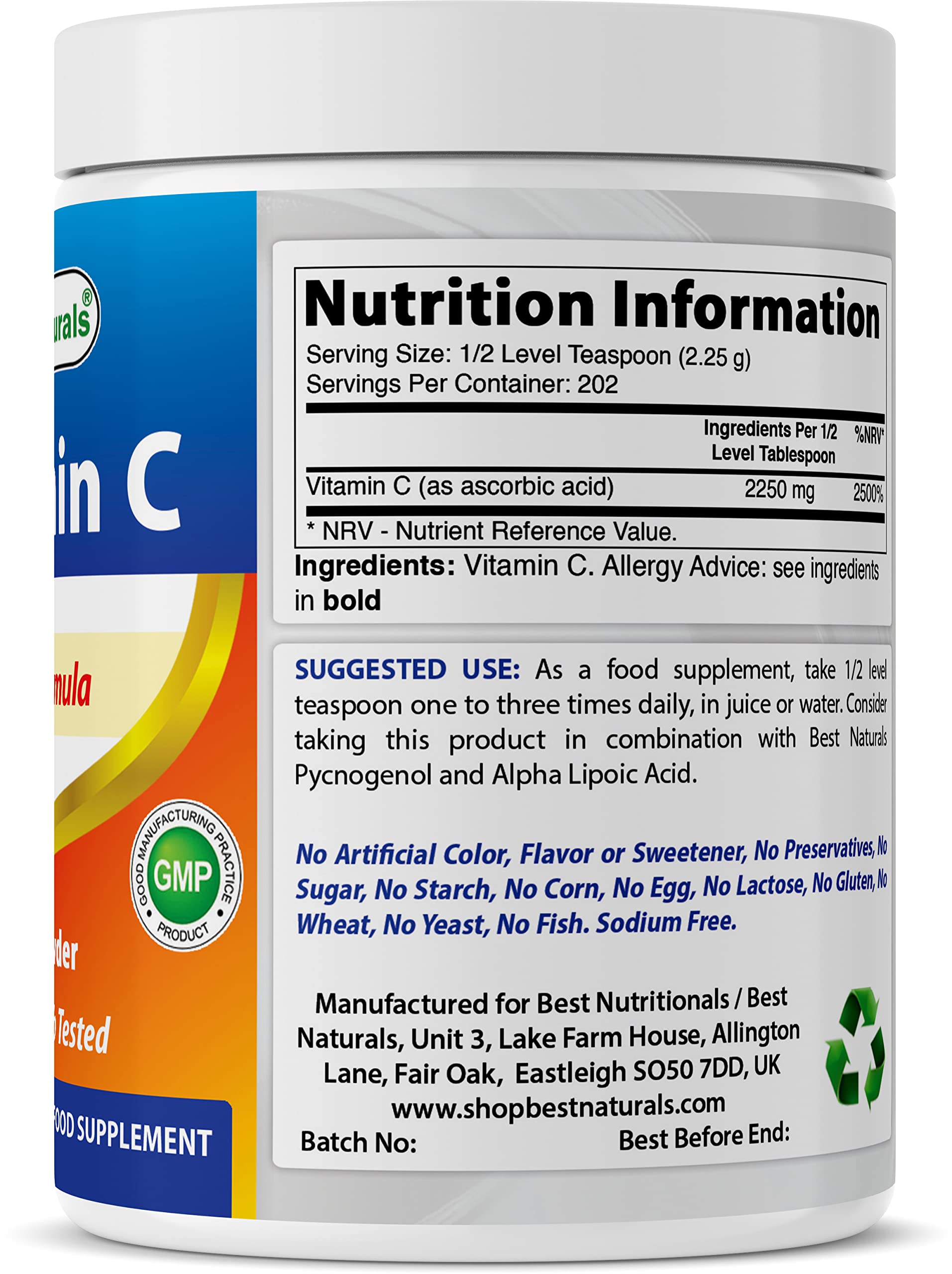 Best Naturals poudre vitamine C, dose facile à incorporer dans boissons.