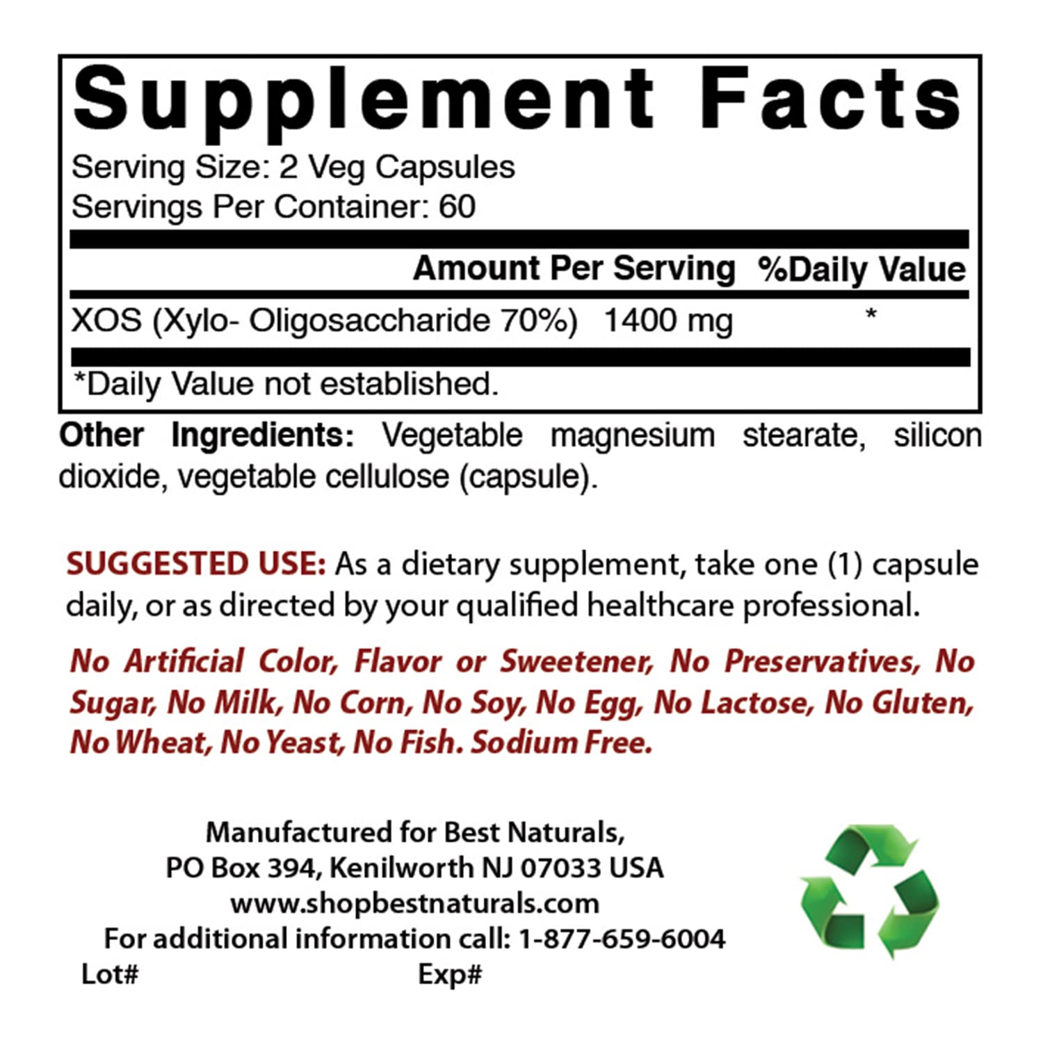 Capsules végétales Best Naturals XOS, 60 portions par flacon