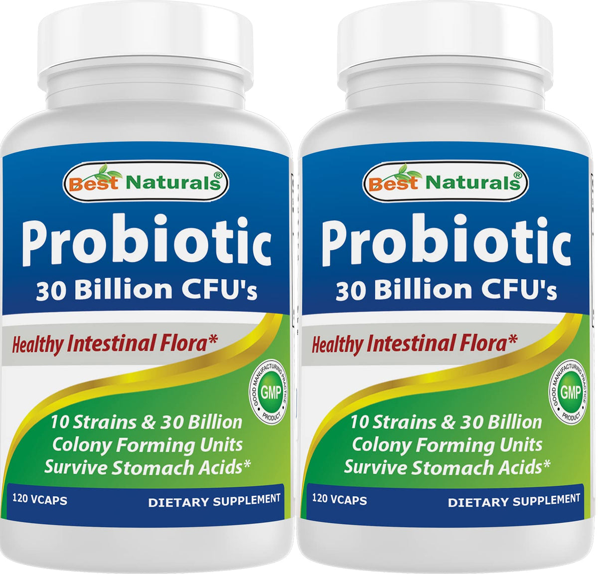 Best Naturals Probiotique, boîte et gélules, 10 souches, 30 milliards CFU, utilisation quotidienne.