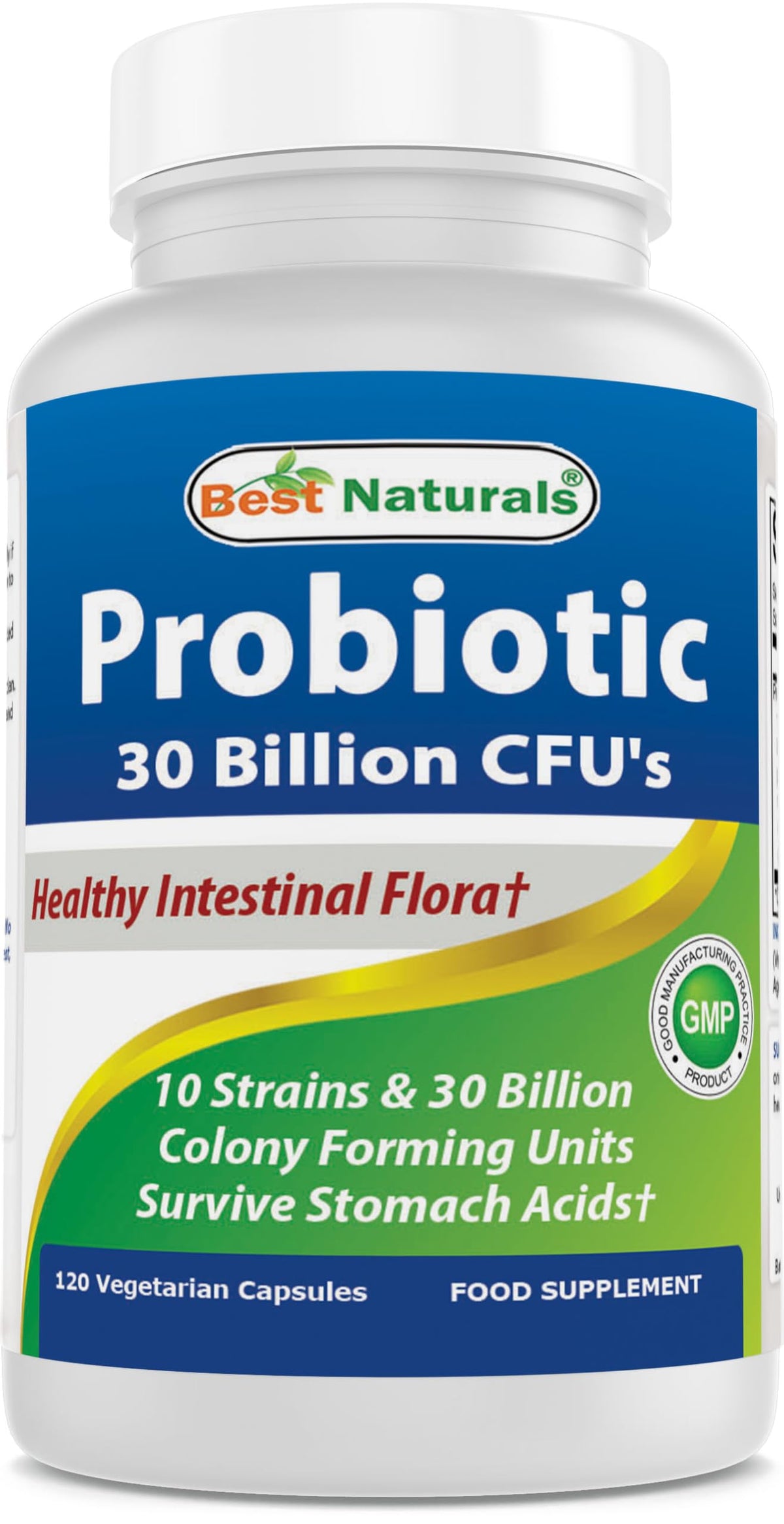 Best Naturals Probiotique: 10 souches, 30 milliards CFU, soutien potentiel de la flore intestinale.