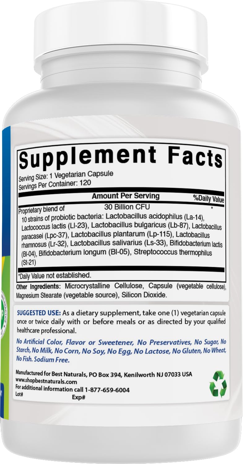Best Naturals Probiotique, sans lactose et sans gluten, formulation sans allergènes.