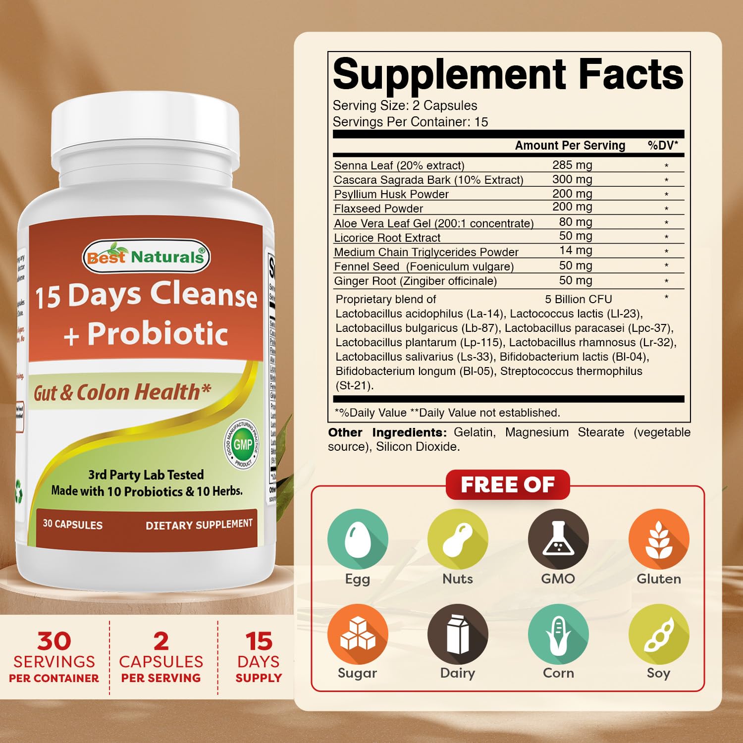 Best Naturals: capsules probiotiques pour équilibre intestinal pendant le programme.