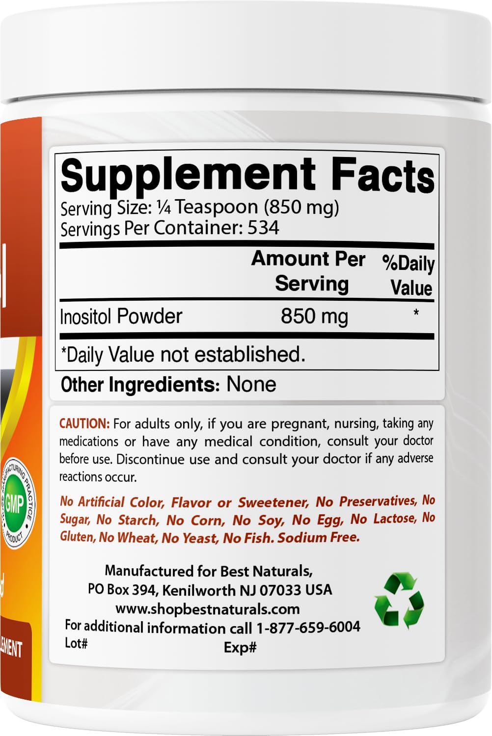 Best Naturals Pure Inositol poudre testée par un laboratoire tiers pour la pureté.