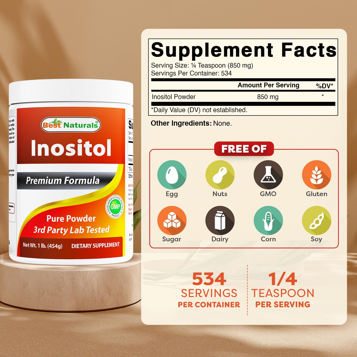 Best Naturals Pure Inositol poudre, dose-cuillère pratique pour un dosage régulier.