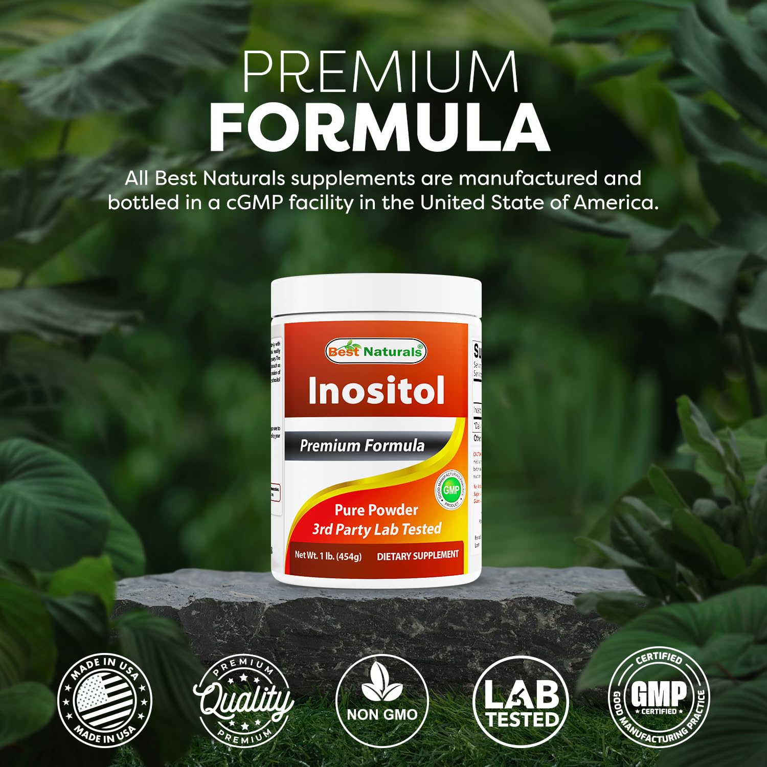 Best Naturals Pure Inositol poudre sans additifs, sans sucre et sans gluten.
