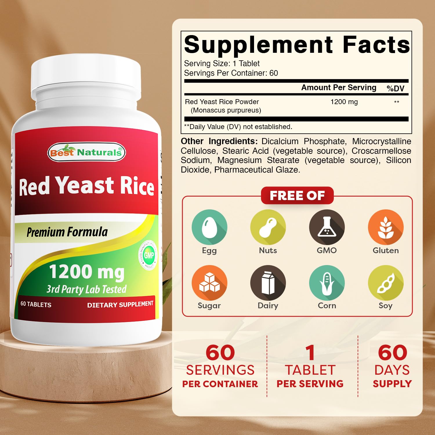 Best Naturals – comprimés riz de levure rouge, dose 1200 mg, faciles à avaler.
