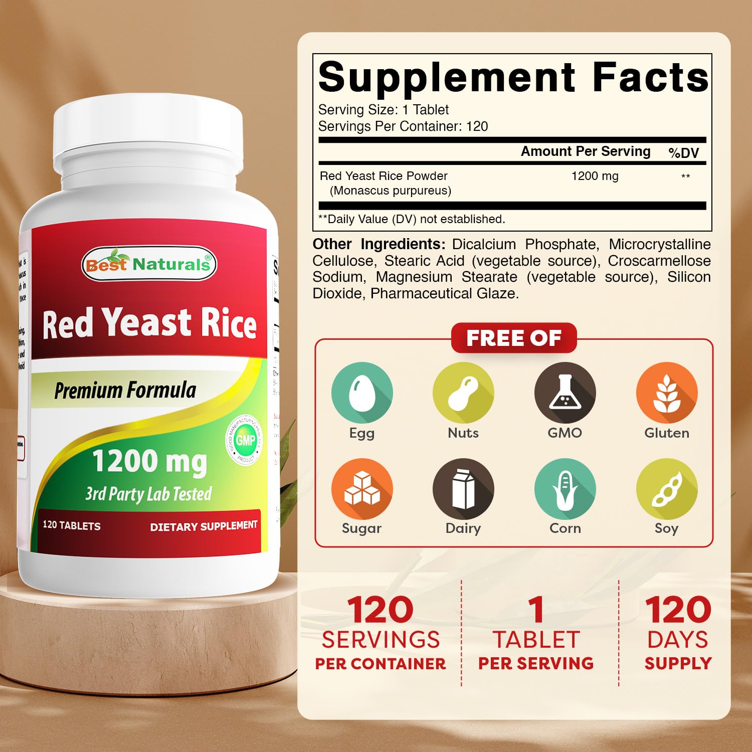 Comprimé de riz rouge fermenté de Best Naturals, formulation 1200 mg pour une dose concentrée