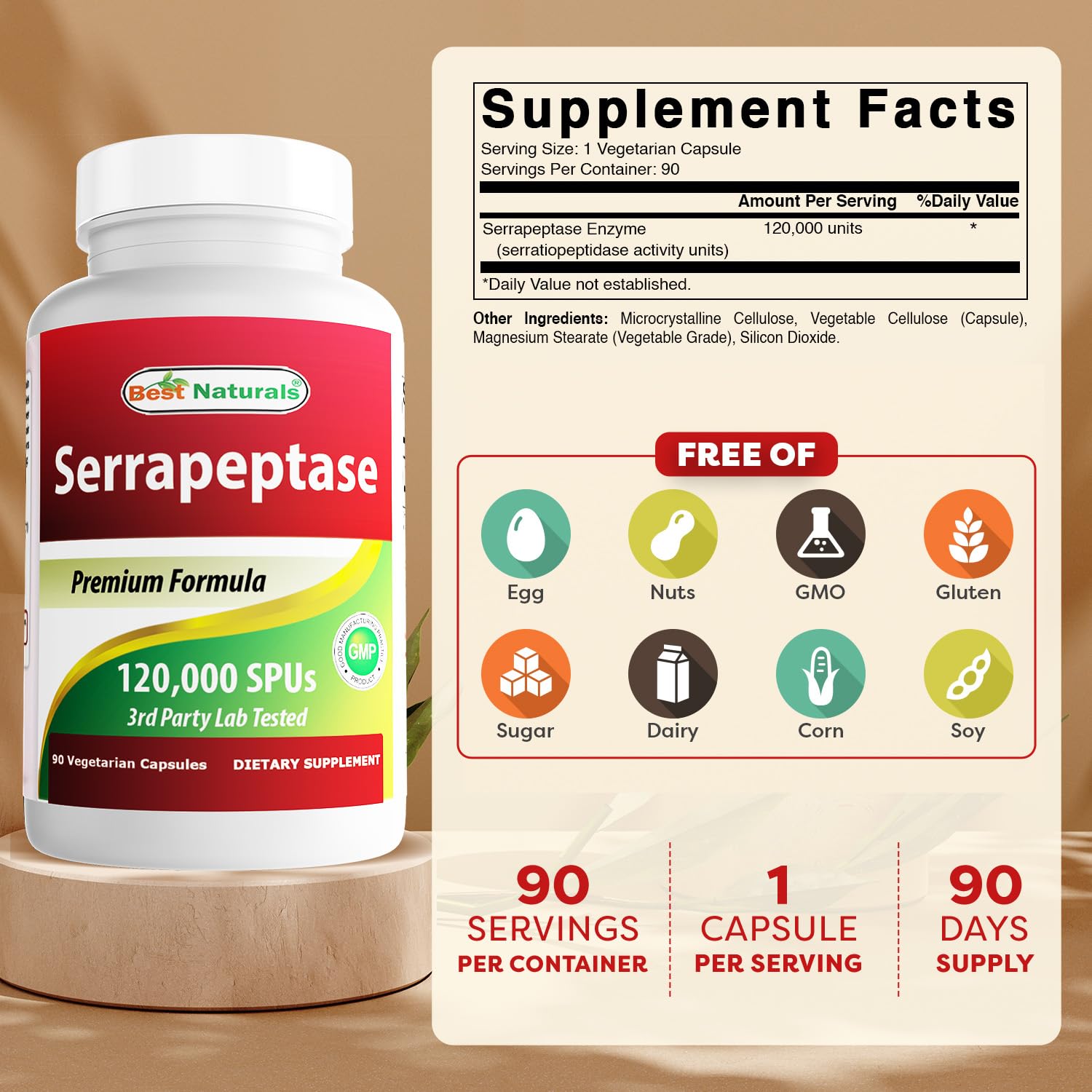 Best Naturals Serrapeptase – Capsules végétariennes sans gluten pour routine quotidienne.