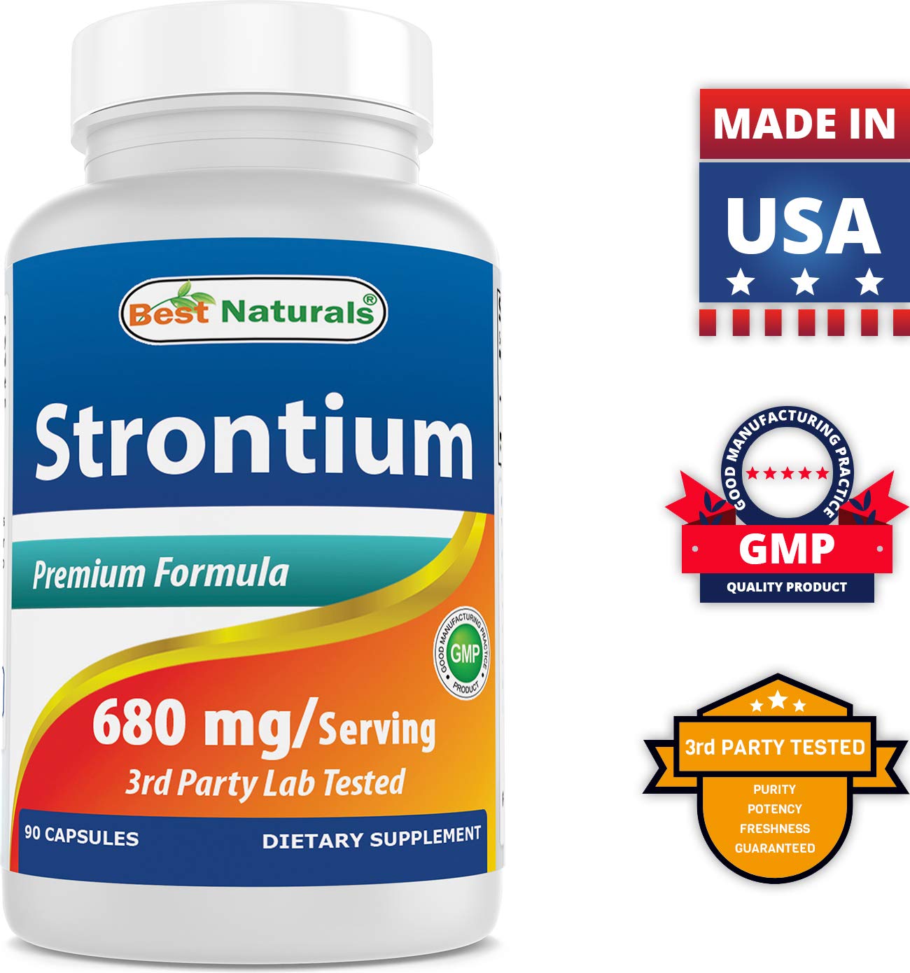 Best Naturals Strontium, certifications usine GMP et traçabilité de qualité.