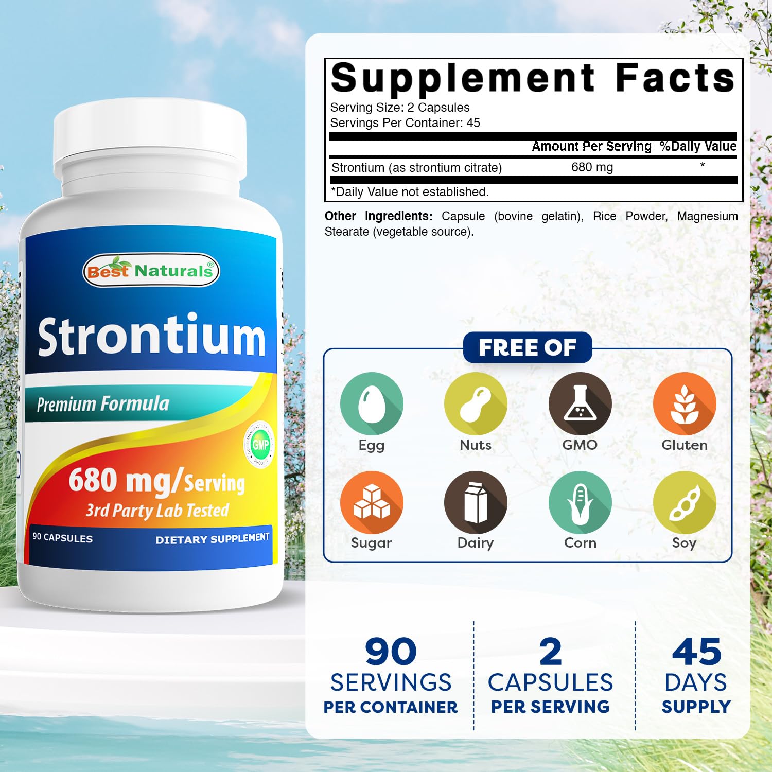 Best Naturals Strontium, dose de 680 mg par portion, formule pour l'entretien des os.