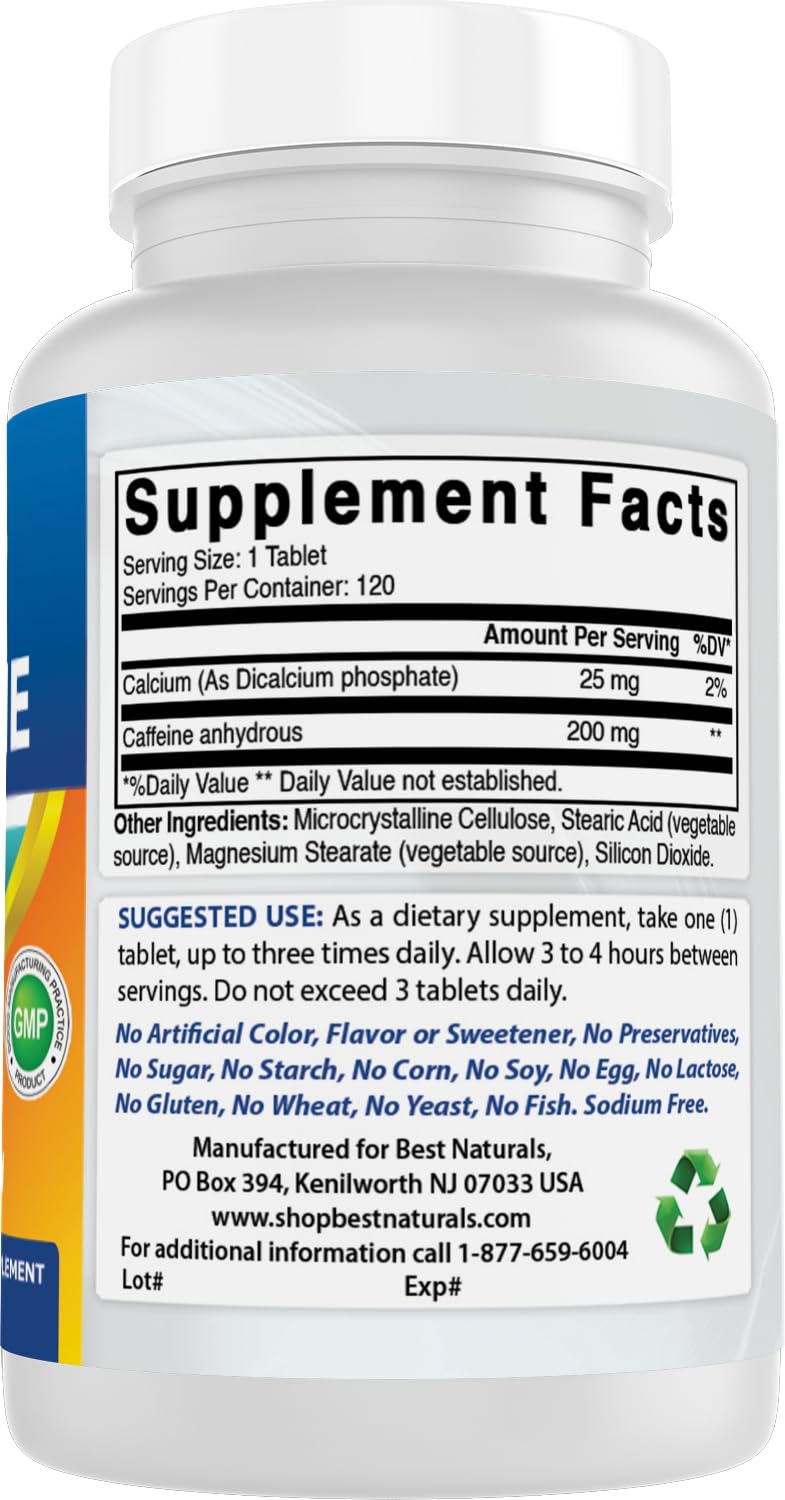 Best Naturals Tablettes Caféine – sans gluten et sans OGM pour une tranquillité d'esprit