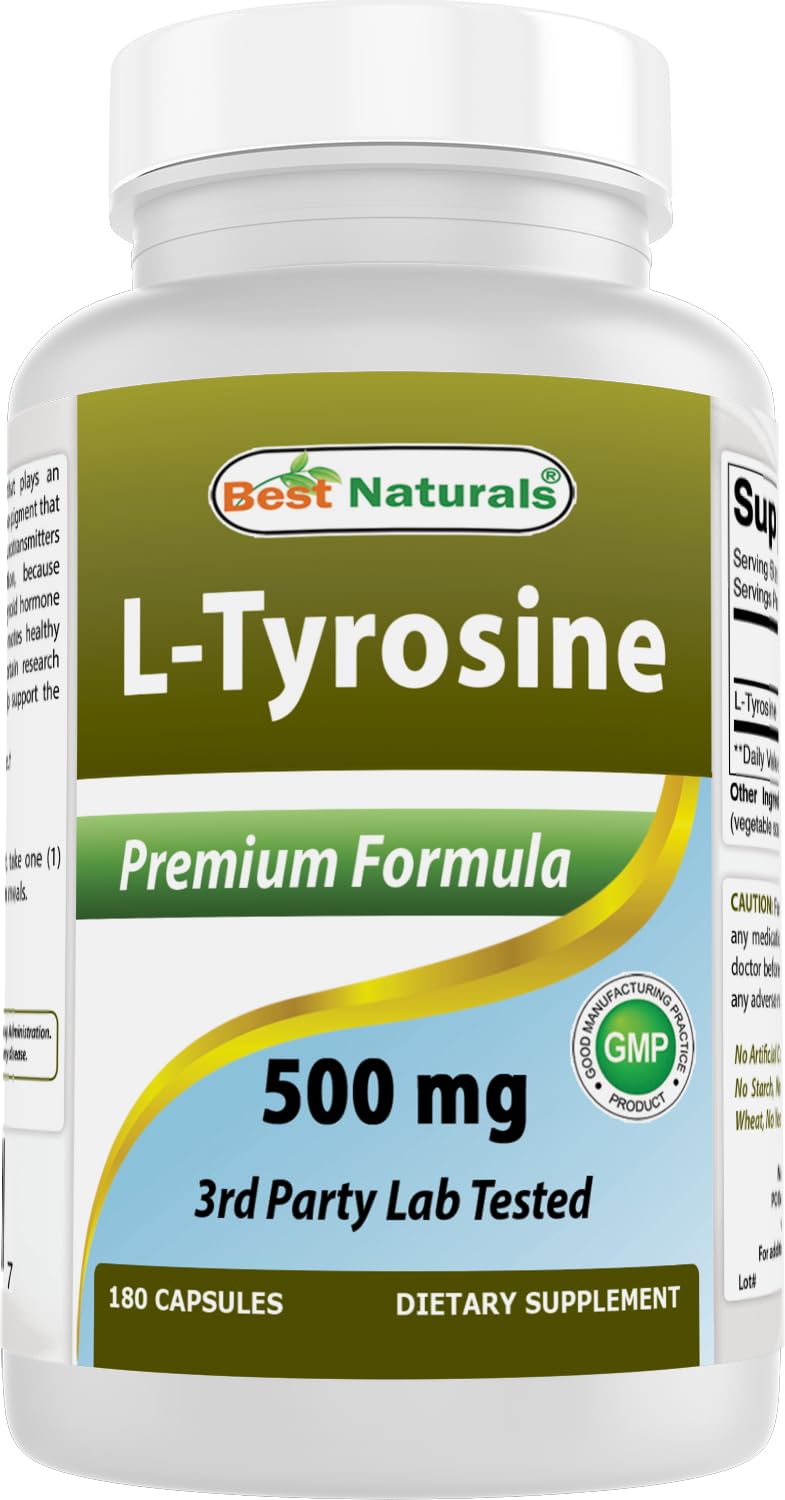 Best Naturals L-Tyrosine 500 mg – Bouteille de capsules pour l'énergie et la concentration.