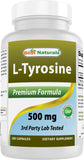 Best Naturals L-Tyrosine 500 mg – Bouteille de capsules pour l'énergie et la concentration.