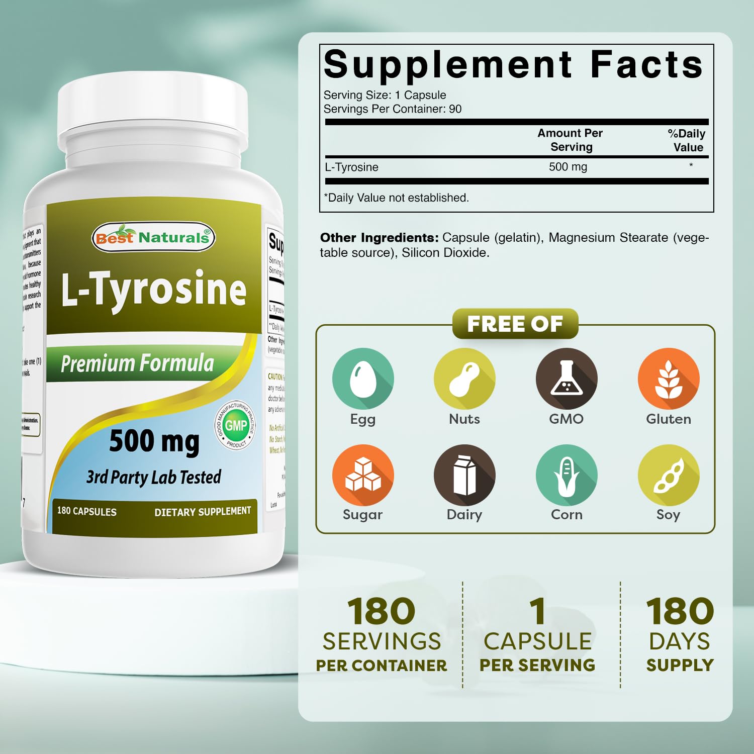 Best Naturals L-Tyrosine 500 mg – Capsules idéales pour prise matinale et routine.