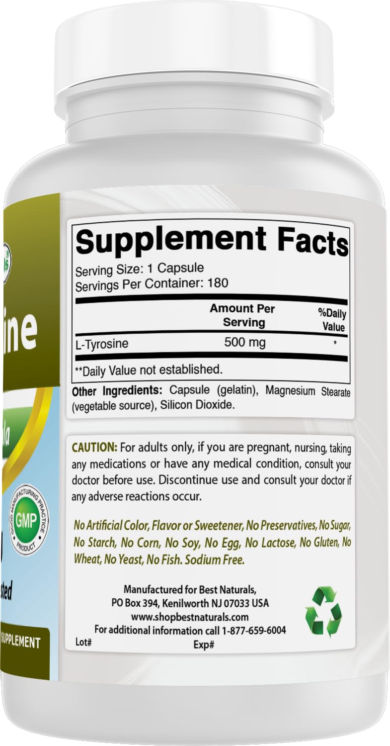 Best Naturals L-Tyrosine 500 mg – Contenu de 180 capsules prêt à l’emploi.
