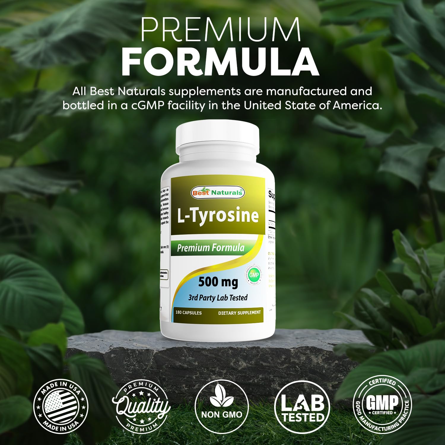 Best Naturals L-Tyrosine 500 mg – Sans colorants artificiels et sans arômes.