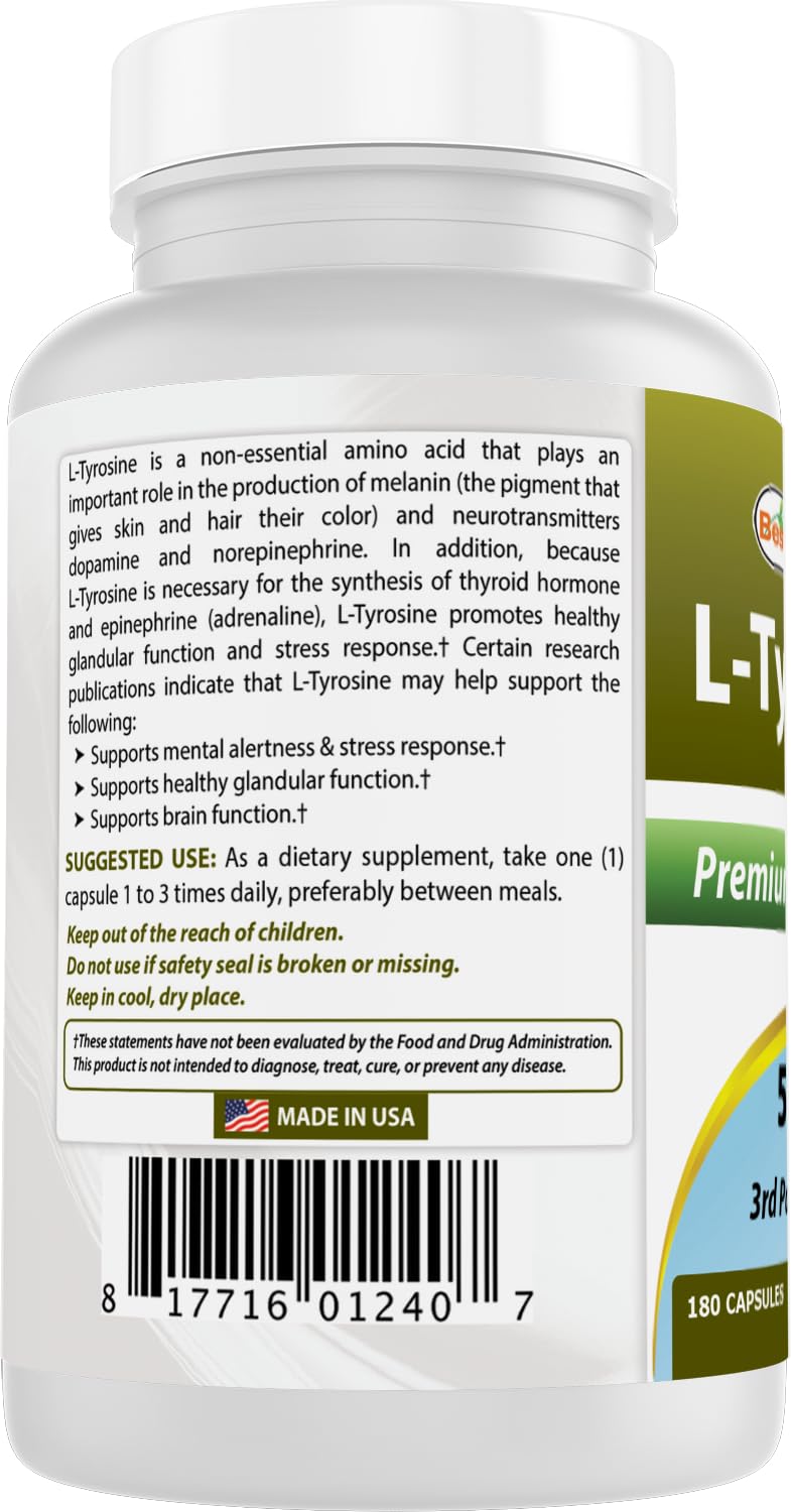 Best Naturals L-Tyrosine 500 mg – Capsule pratique pour usage quotidien sans allergènes majeurs.