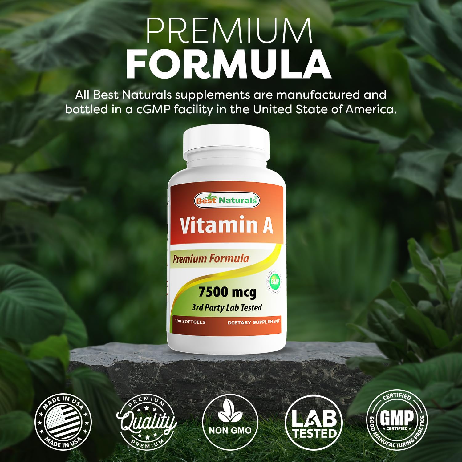 Best Naturals Vitamine A 25000 UI – capuchon et flacon fermés.