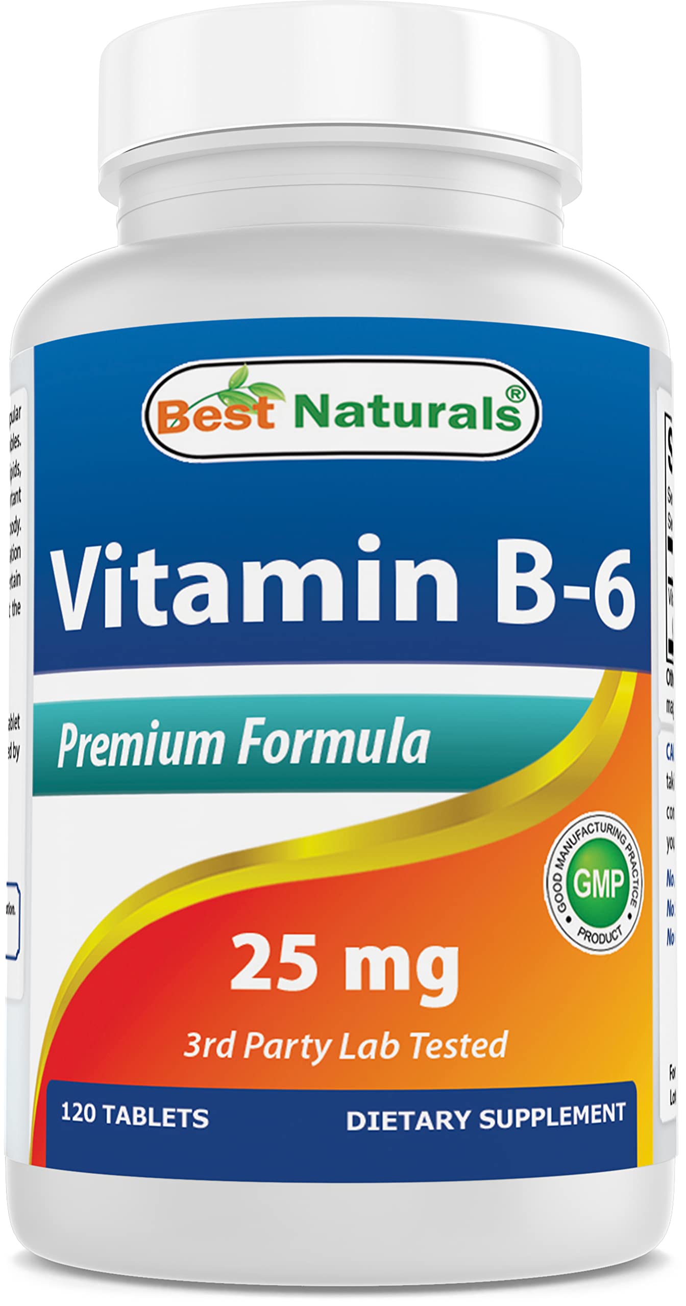 Best Naturals Vitamine B6 25mg – bouteille de 120 comprimés, intégration quotidienne facile.