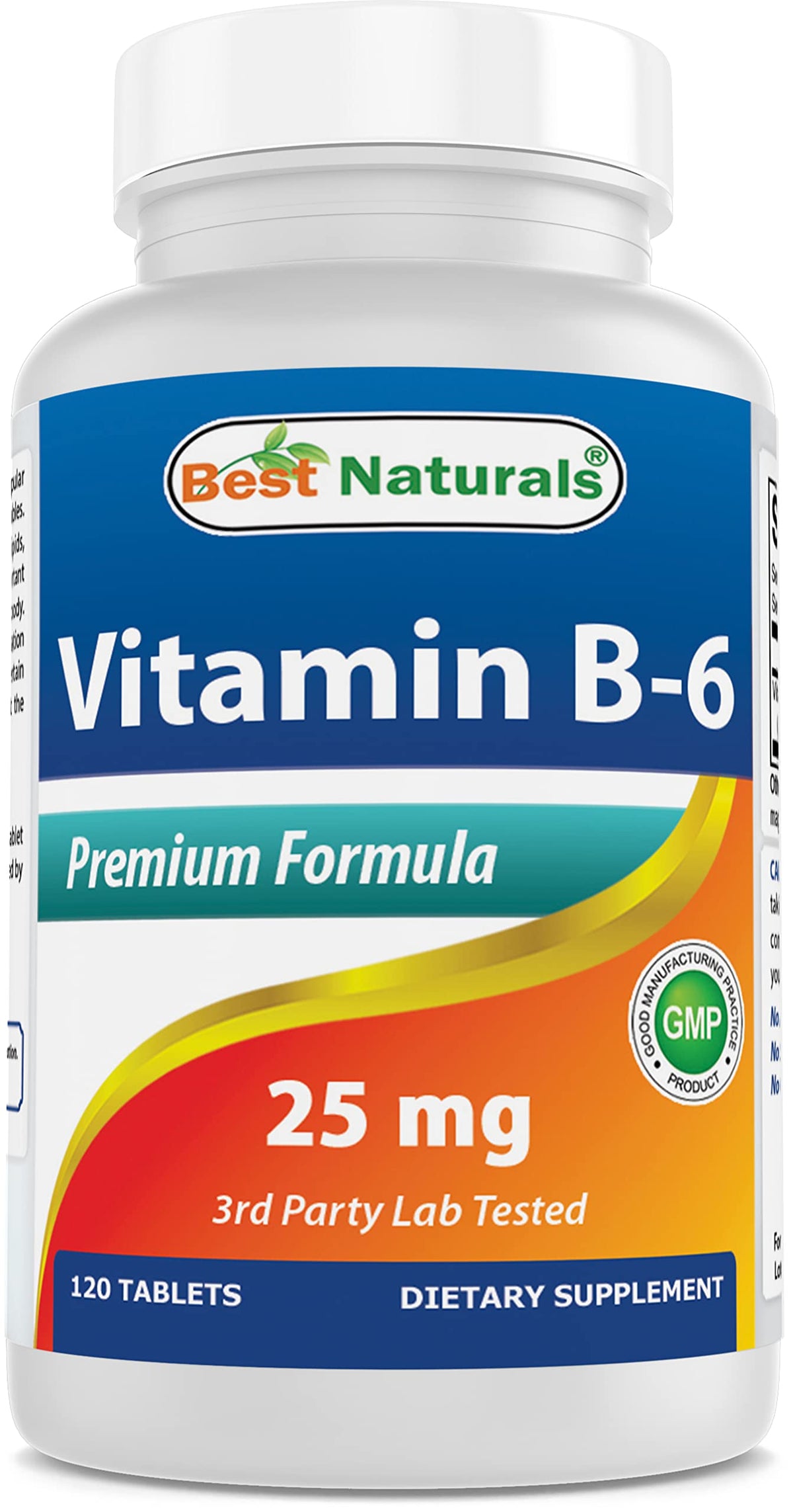 Best Naturals Vitamine B6 25mg – bouteille de 120 comprimés, intégration quotidienne facile.