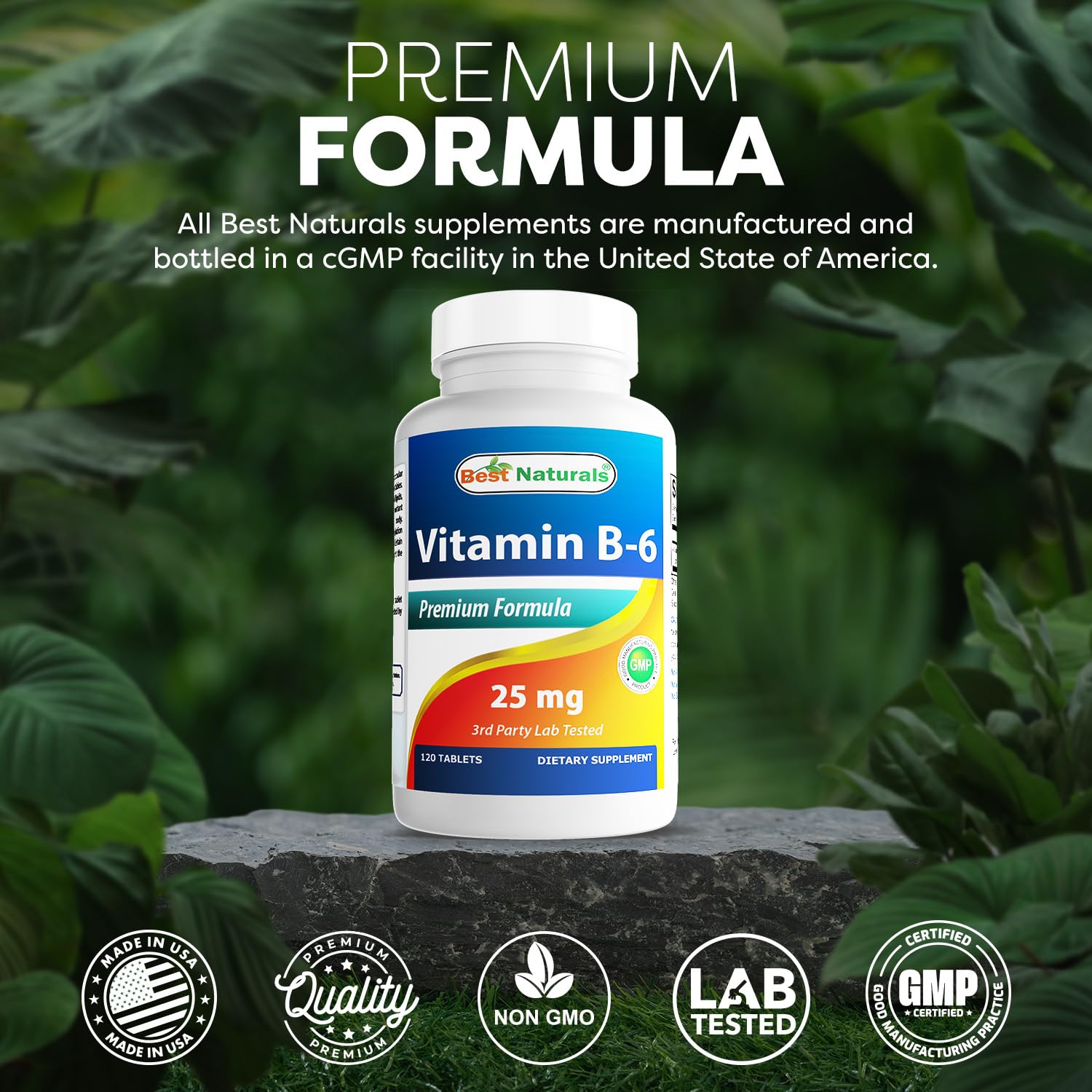 Best Naturals Vitamine B6 25mg – fabrication américaine conforme GMP et FDA enregistrée.