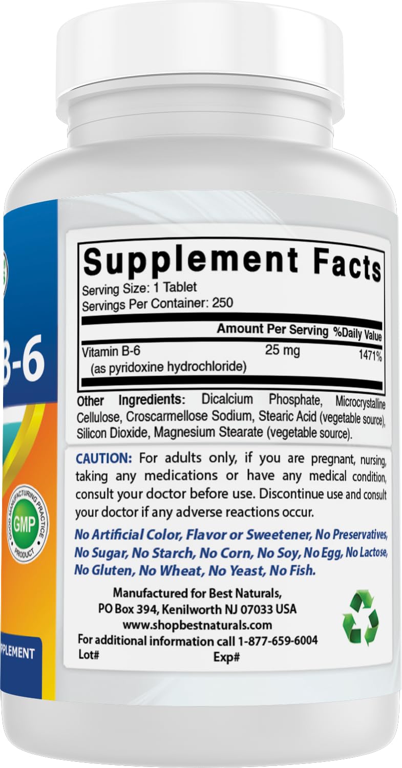 Best Naturals Vitamine B-6 25 mg, ingrédients naturels, formule simple et efficace.