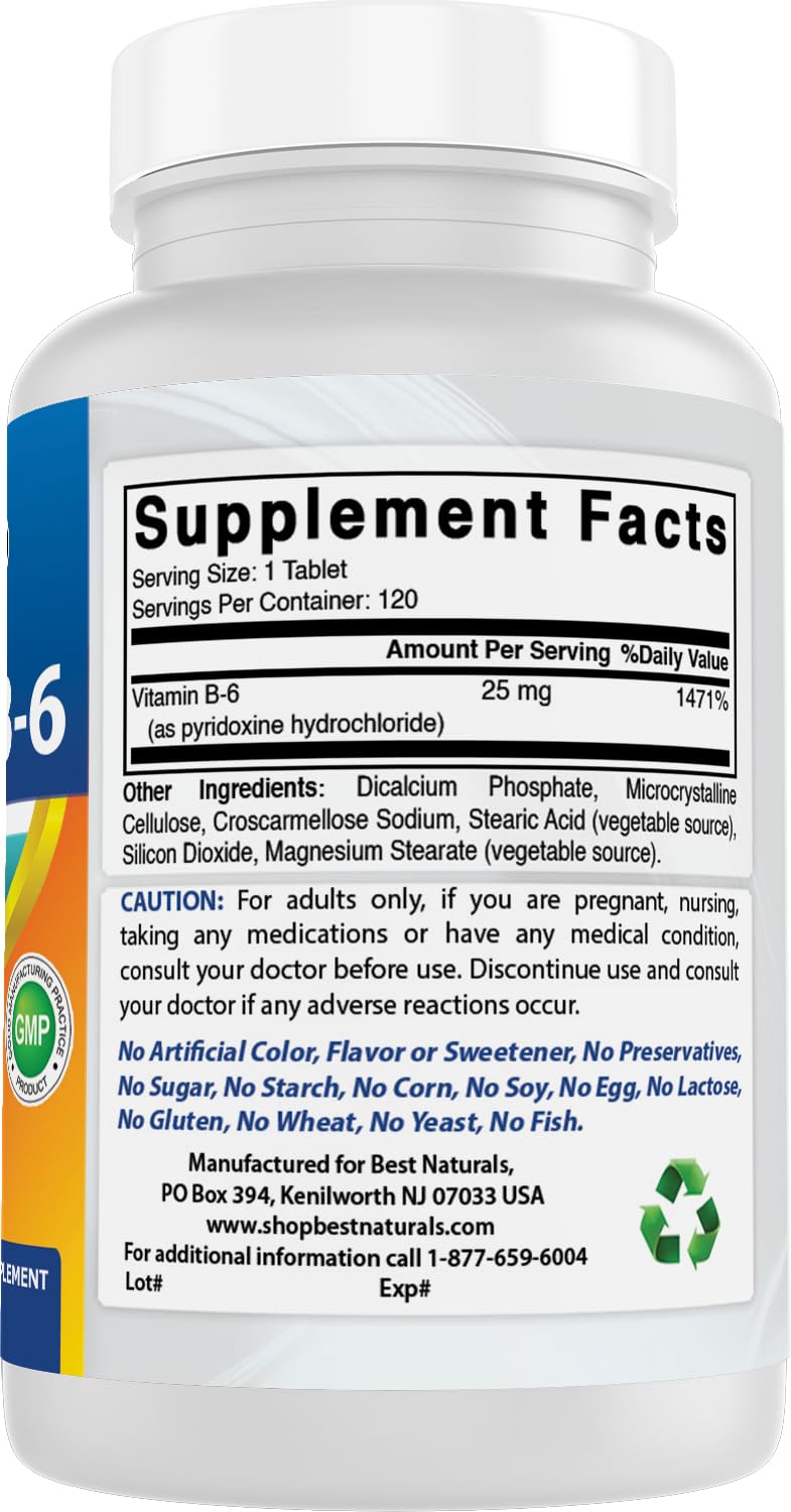 Best Naturals Vitamine B6 25mg – ingrédients sans colorants ni arômes artificiels.