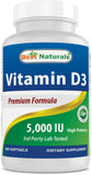 Best Naturals vitamine D3 5000 UI, capsules molles, verser dans votre routine quotidienne pour soutenir les os