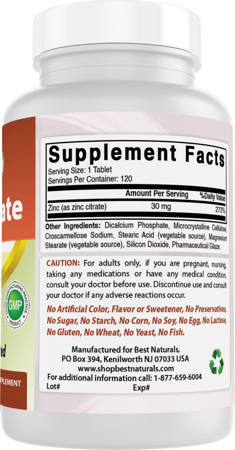 Best Naturals Zinc citrate 30 mg - formule pure adaptée à un mode de vie sain.