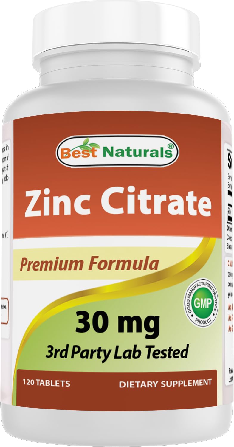 Best Naturals Zinc citrate 30 mg - tablettes et emballage, pratique pour l'usage quotidien.
