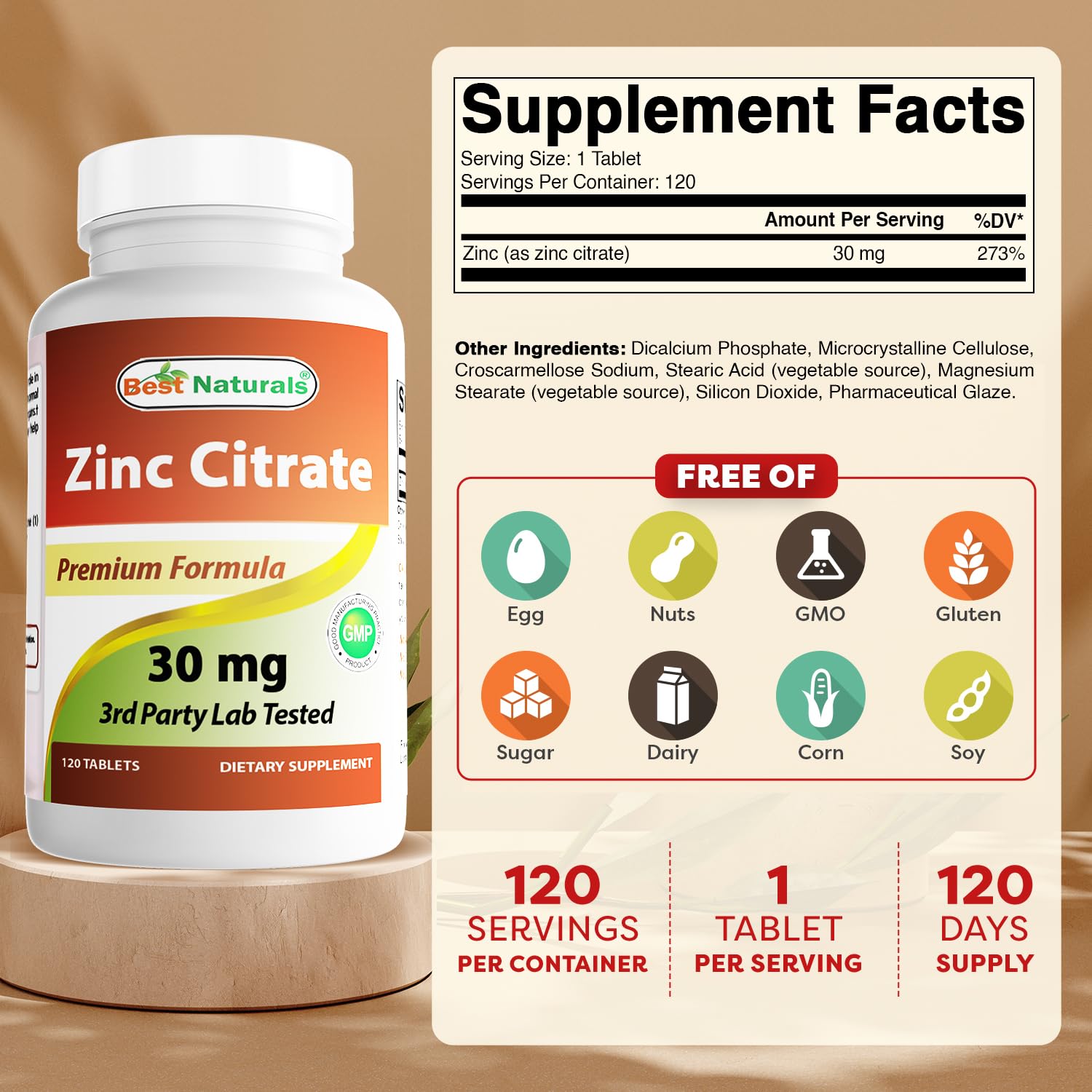 Capsule zinc citrate Best Naturals montrant le complément et le concept de soutien immunitaire.