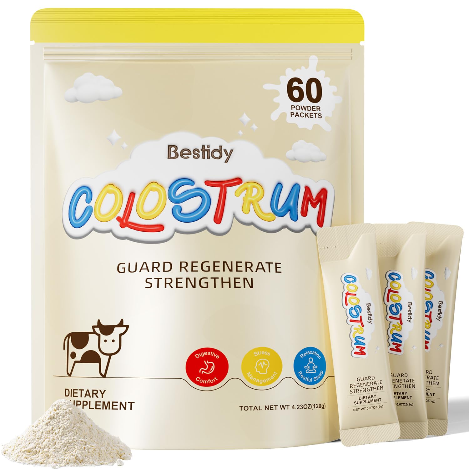 Bestidy Colostrum—poudre digestion, soutien intestinal naturel et équilibre quotidien.