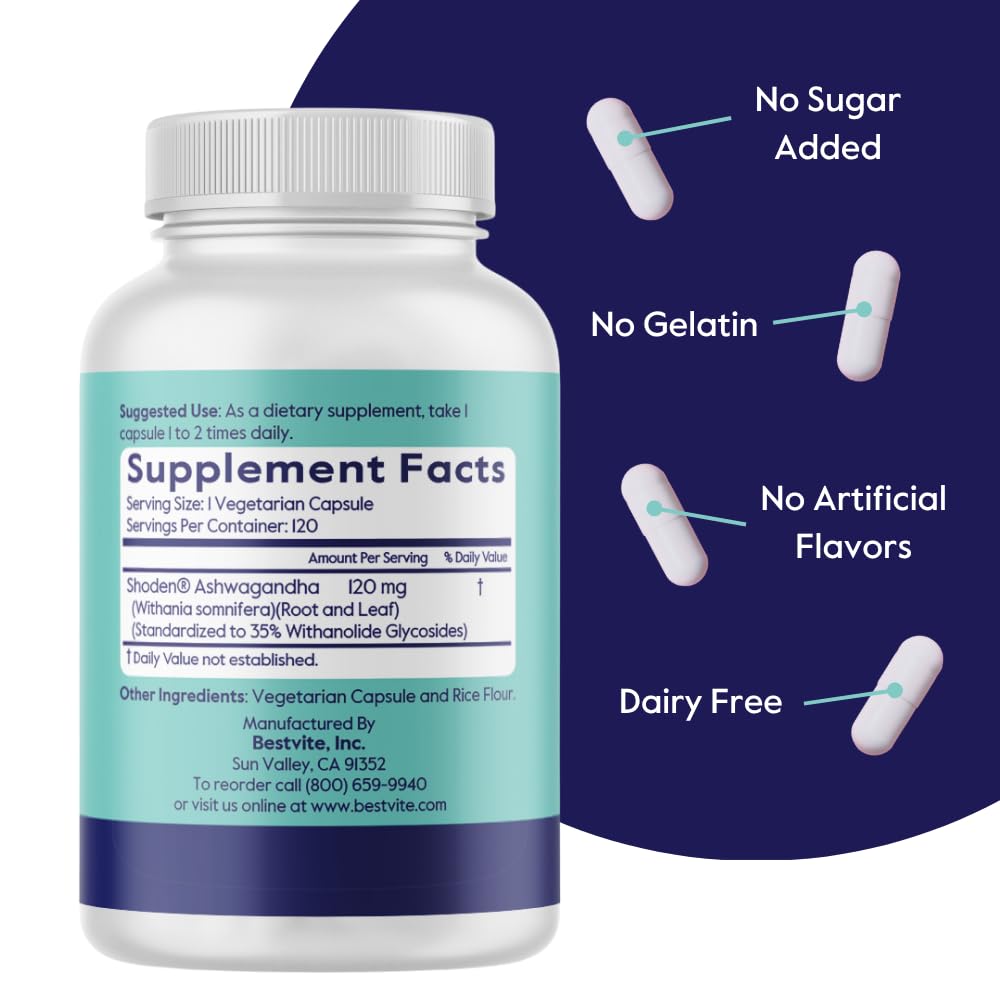 Bestvite Ashwagandha: étiquette affichant ingrédients et avantages potentiels.