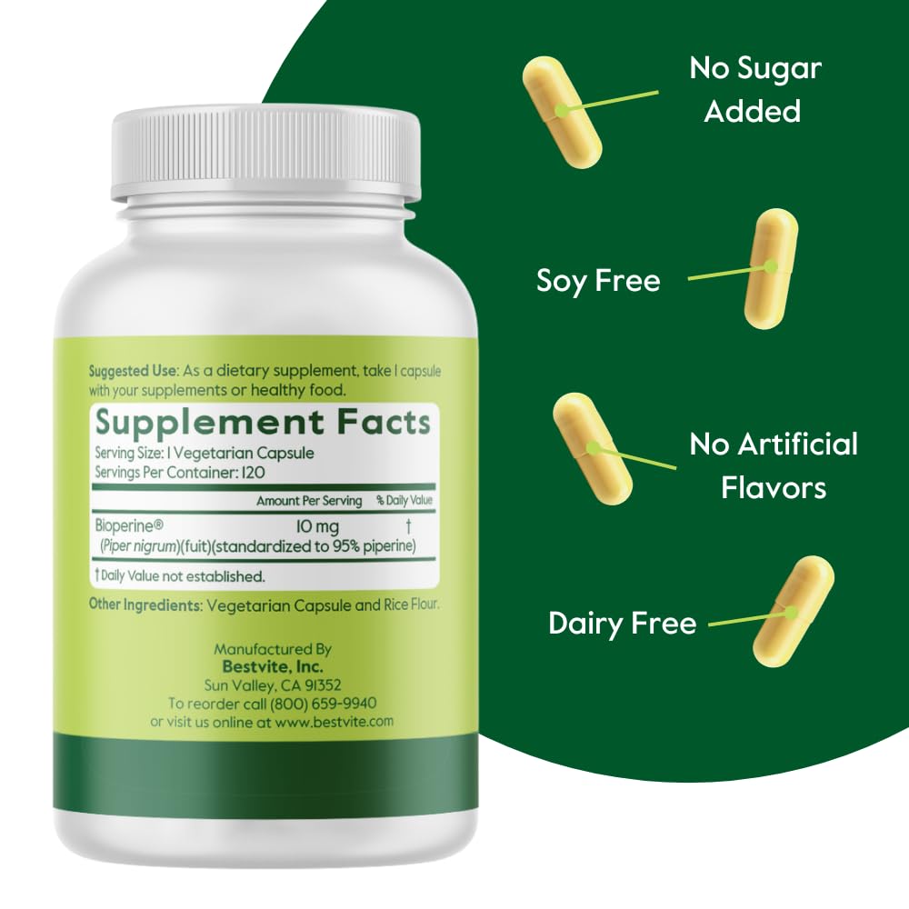 BESTVITE Bioperine: gélules 10 mg formulation pure sans stéarates.
