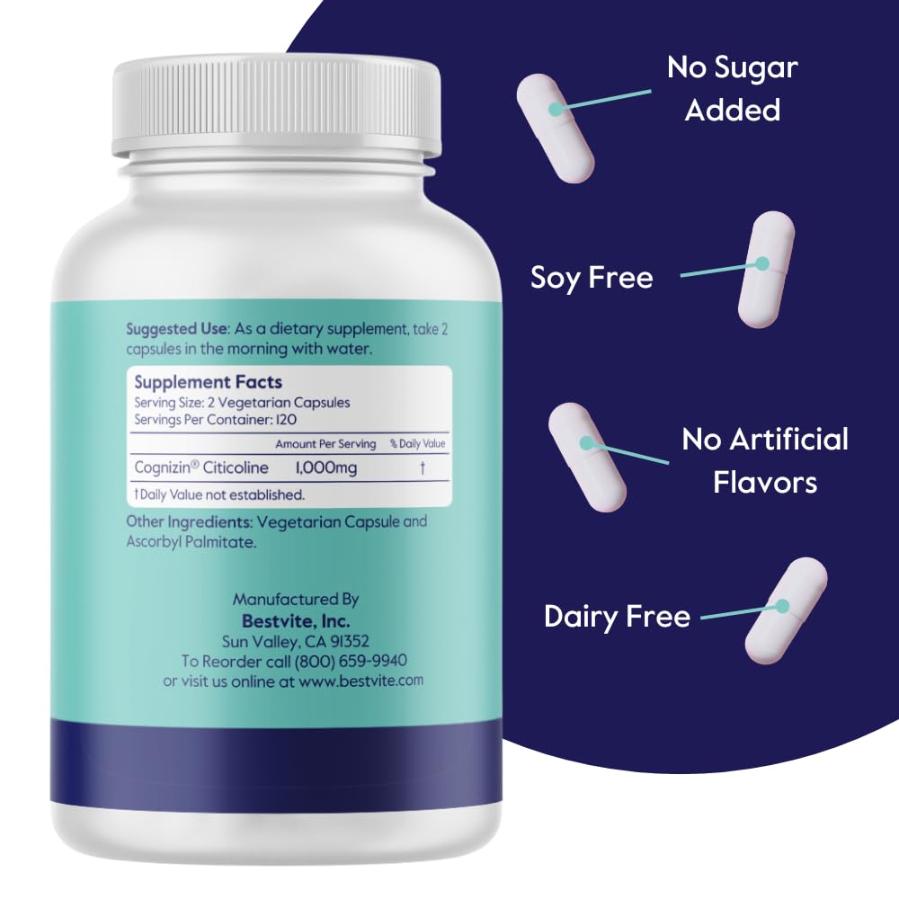 BESTVITE Cognizin: étiquette-produit sans stéarates et sans allergènes.