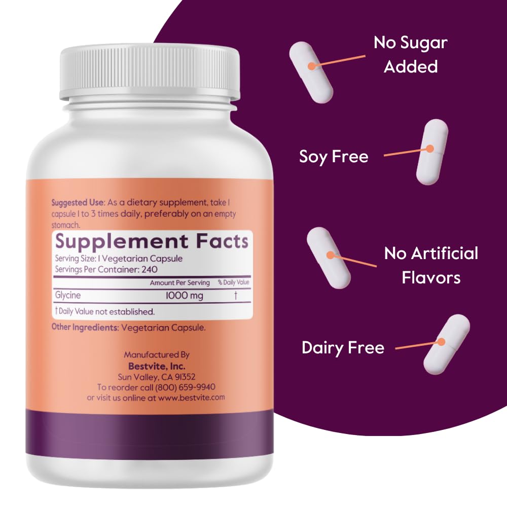 BESTVITE Glycine 1000 mg étiquette — étiquette claire sans additifs et transparence.
