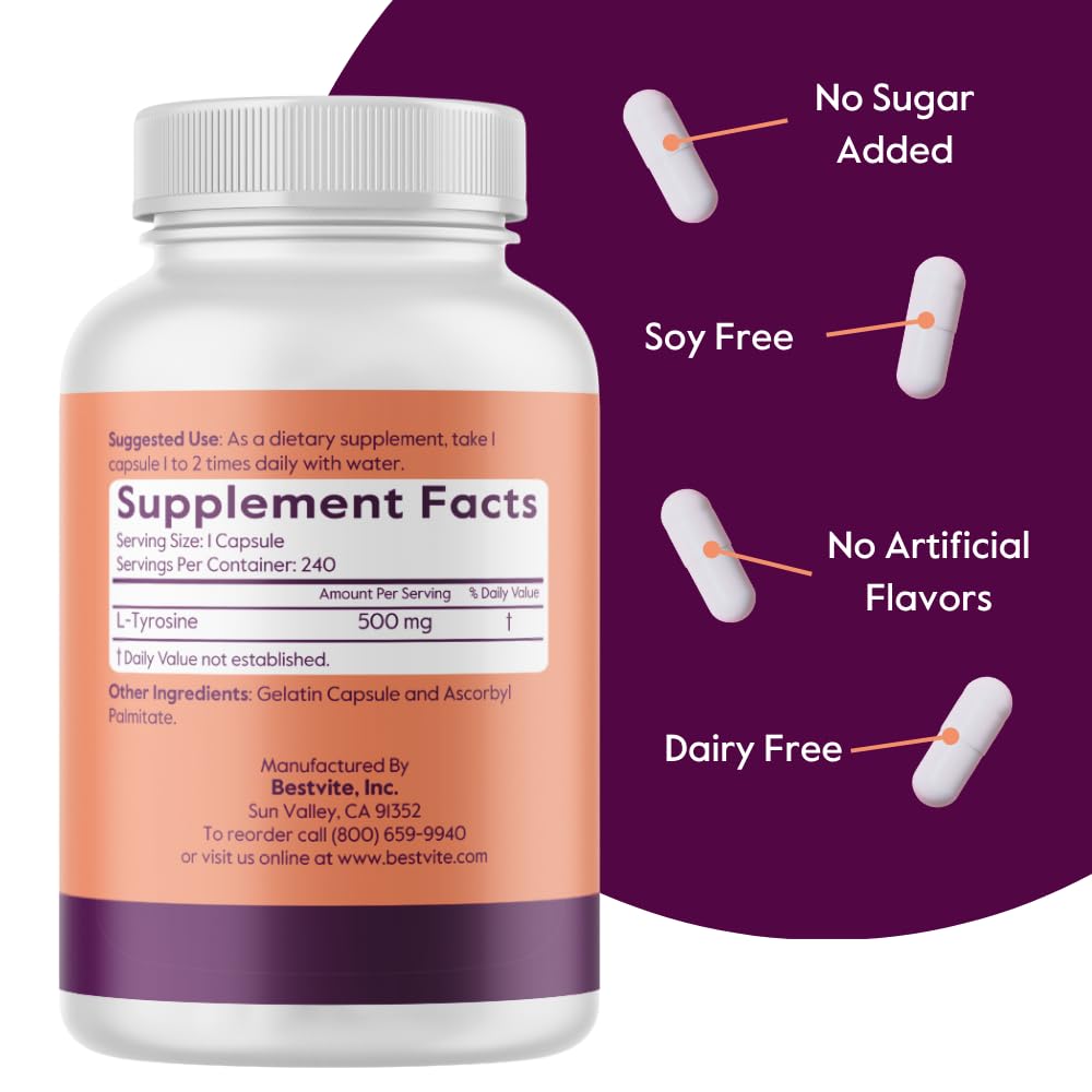 BESTVITE L-Tyrosine, dosage: chaque capsule offre 500 mg pour une utilisation pratique et ciblée.
