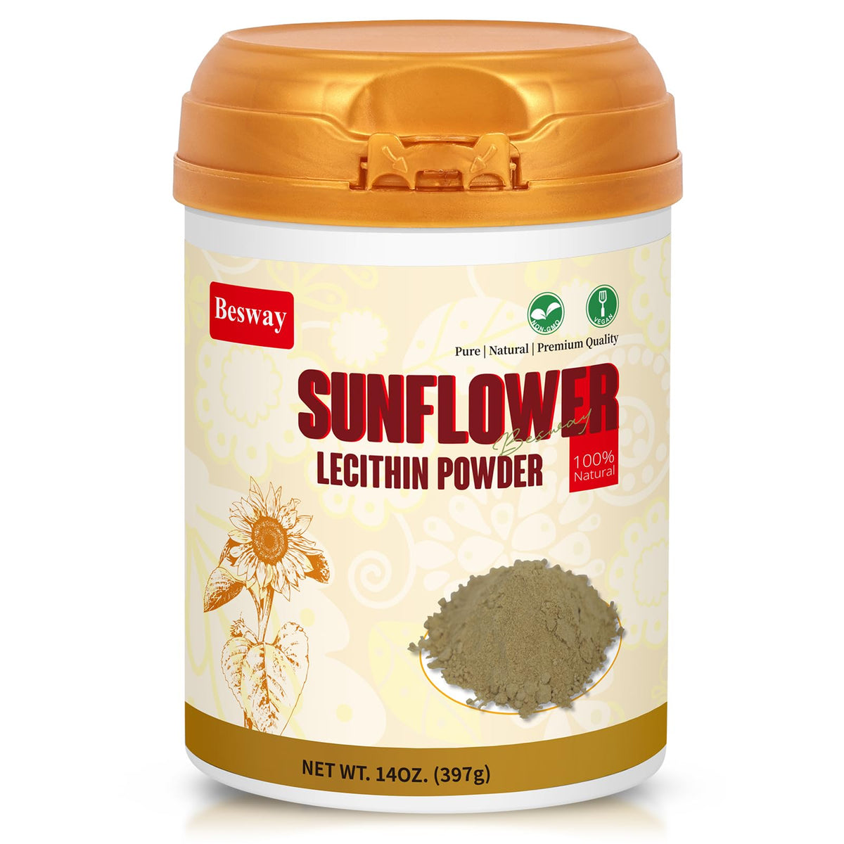 Besway Lécithine Tournesol en poudre dans une boîte 14 oz, texture idéale pour émulsions douces.