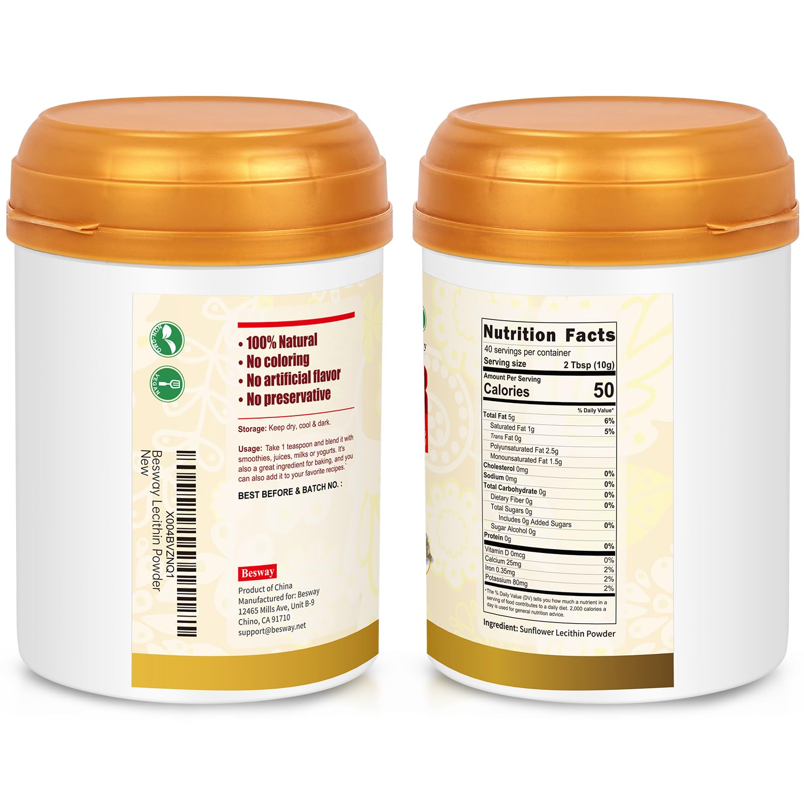 Besway Lécithine Tournesol, couvercle hermétique pour conservation optimale et fraîcheur prolongée.