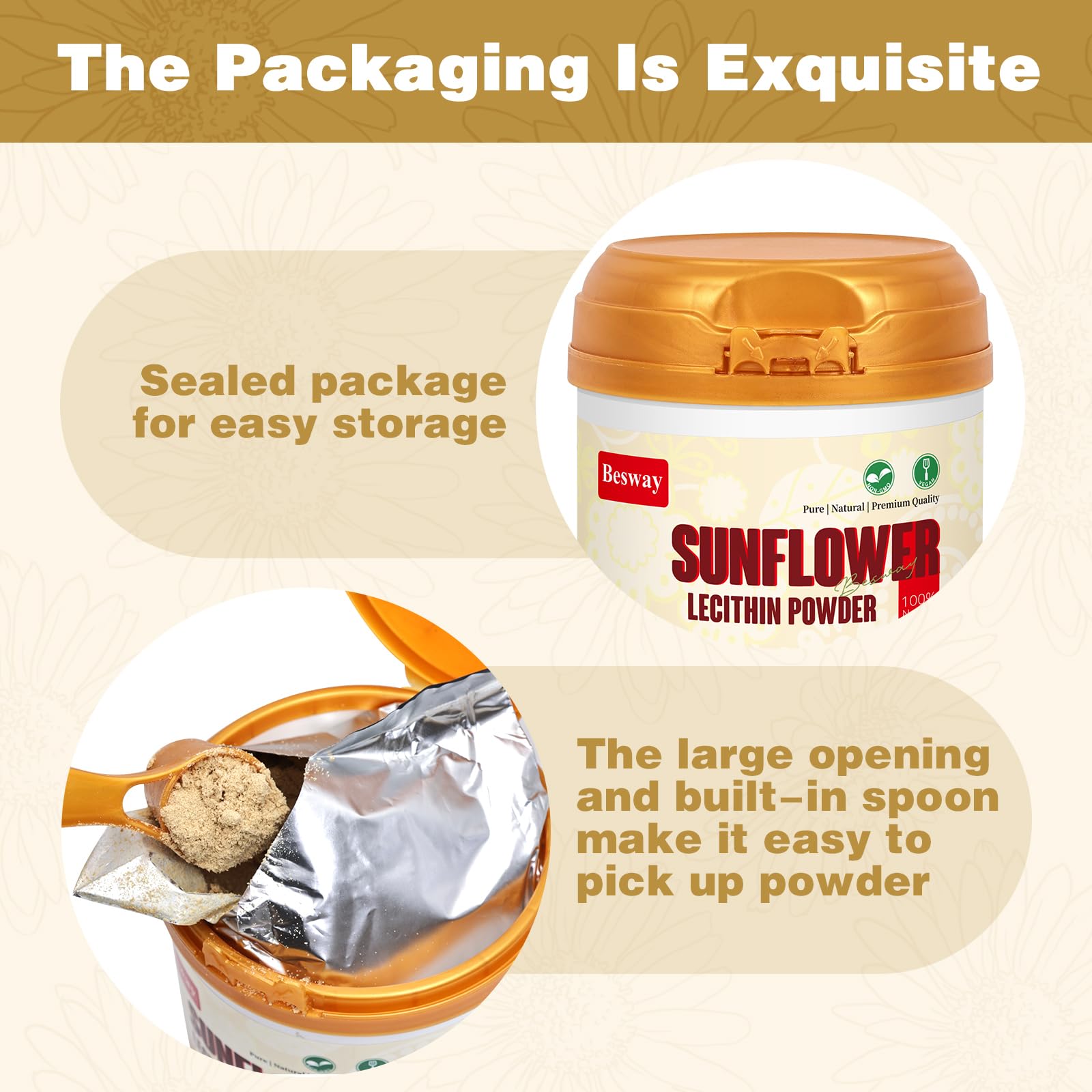 Besway Lécithine Tournesol poudre convient pour cuisiner, mélanges et préparation maison.