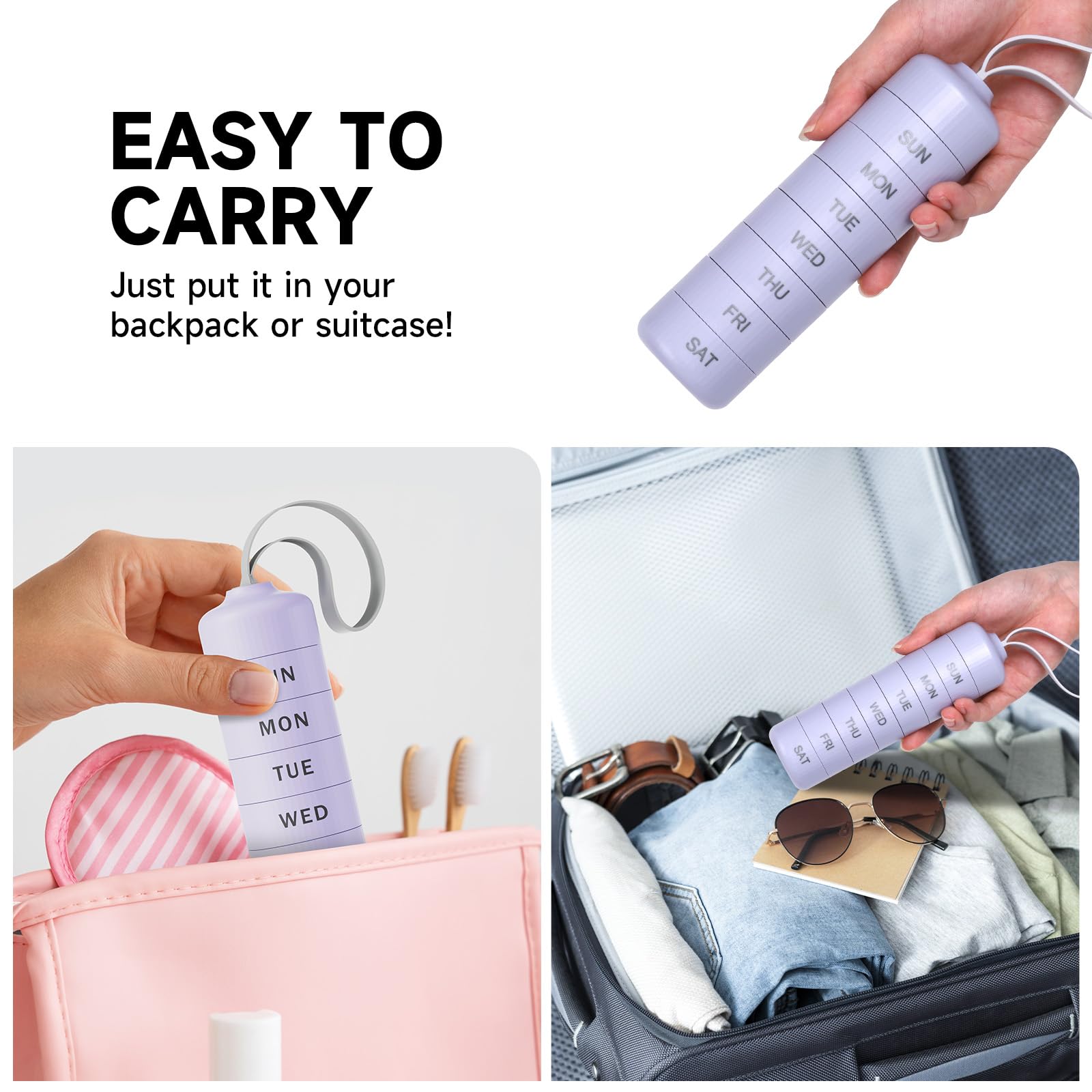 Porte-pilules Betife compact se glissant facilement dans sac ou poche.