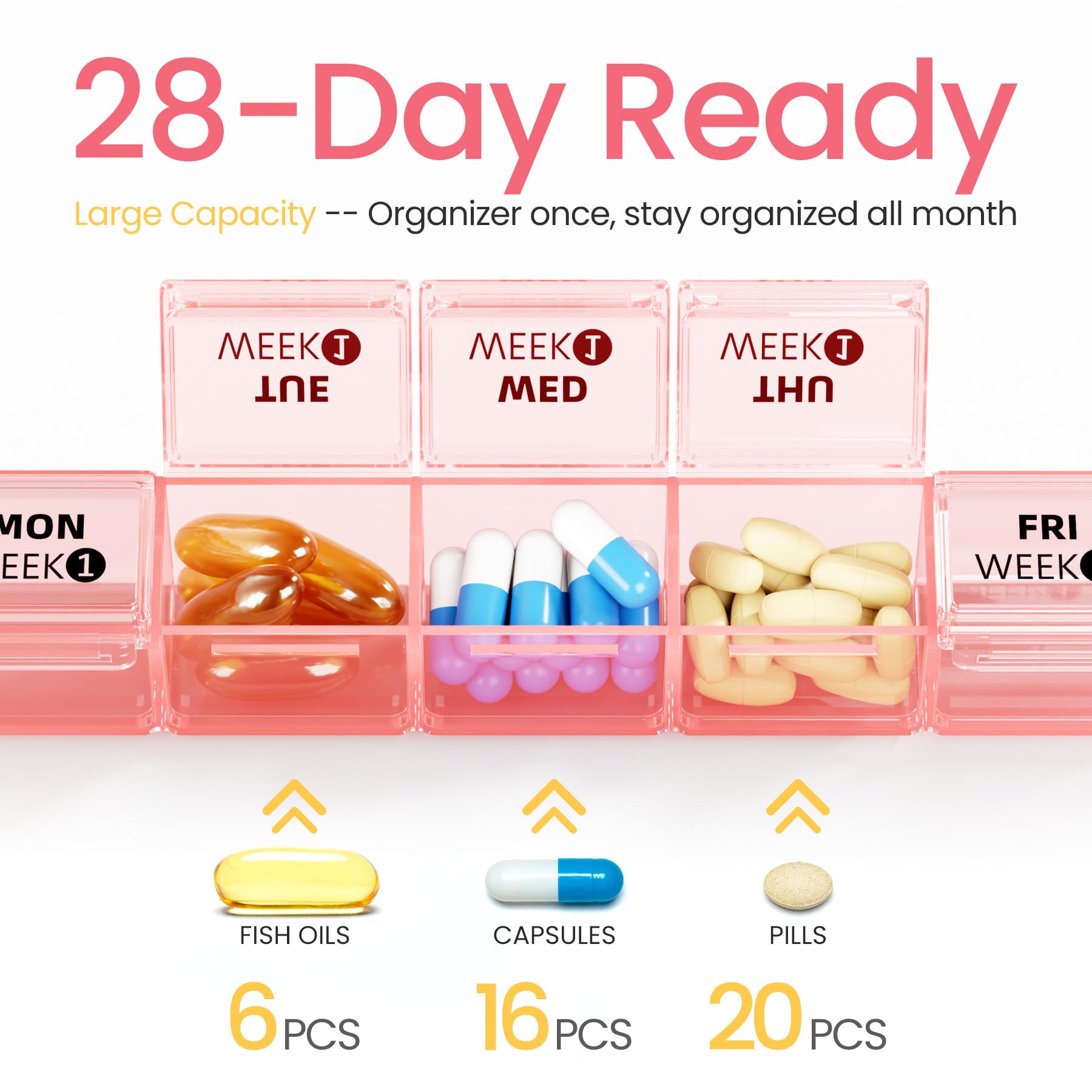 Betife Grands compartiments pour capsules et huiles, espace généreux.
