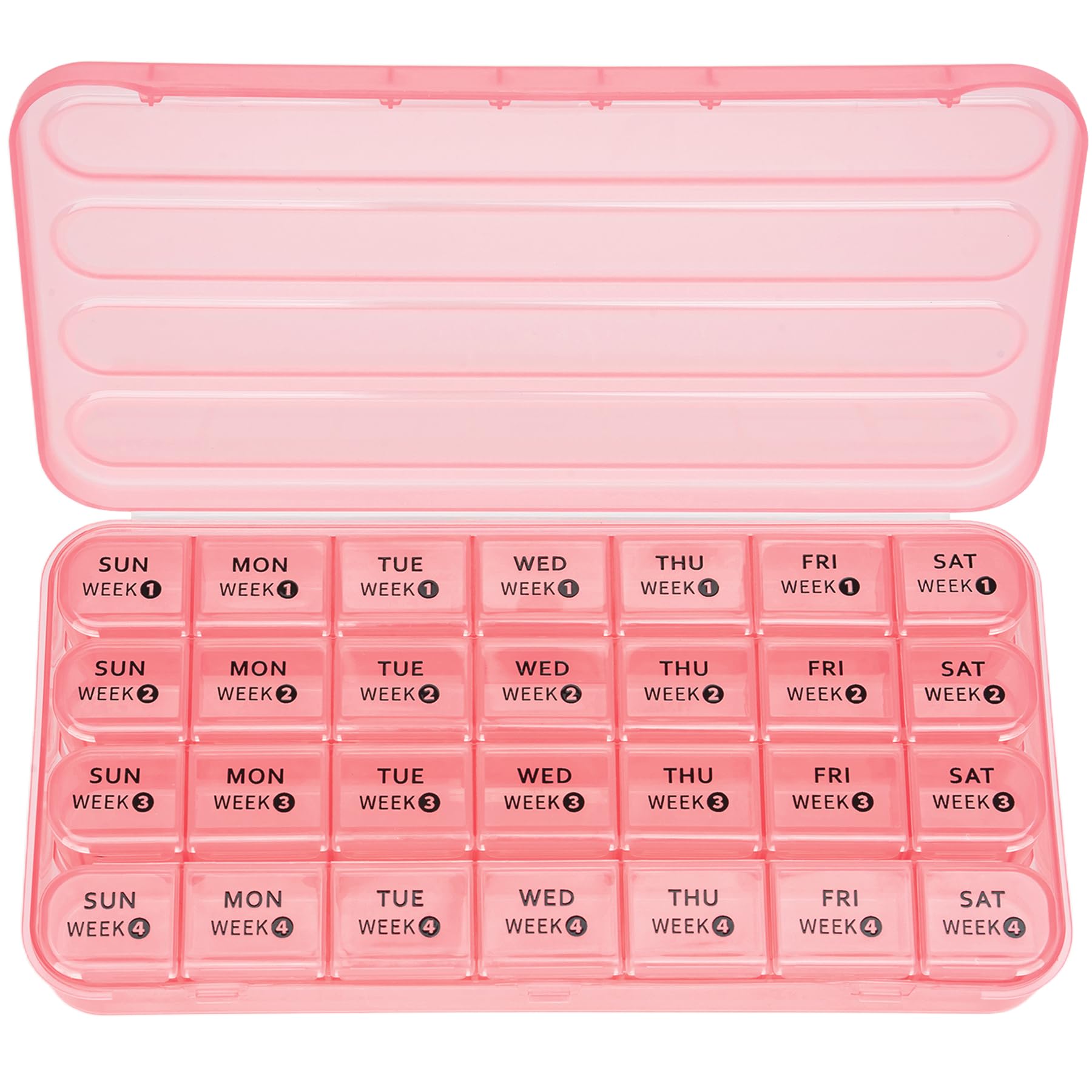Betife Organisateur mensuel de pilules en rose, planifiez un mois facilement.
