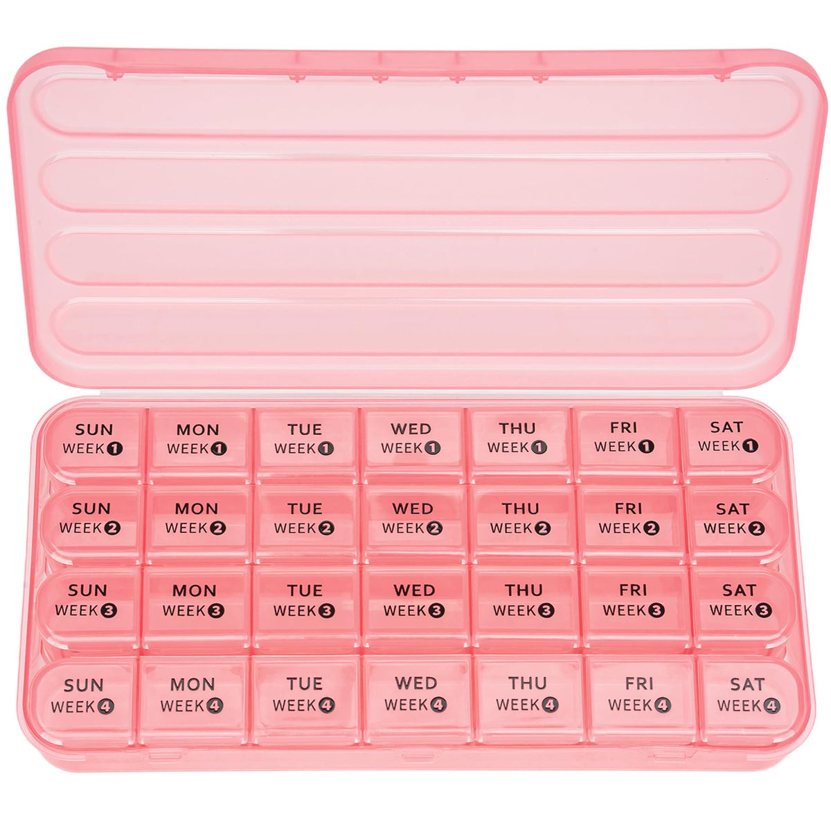 Betife Organisateur mensuel de pilules en rose, planifiez un mois facilement.