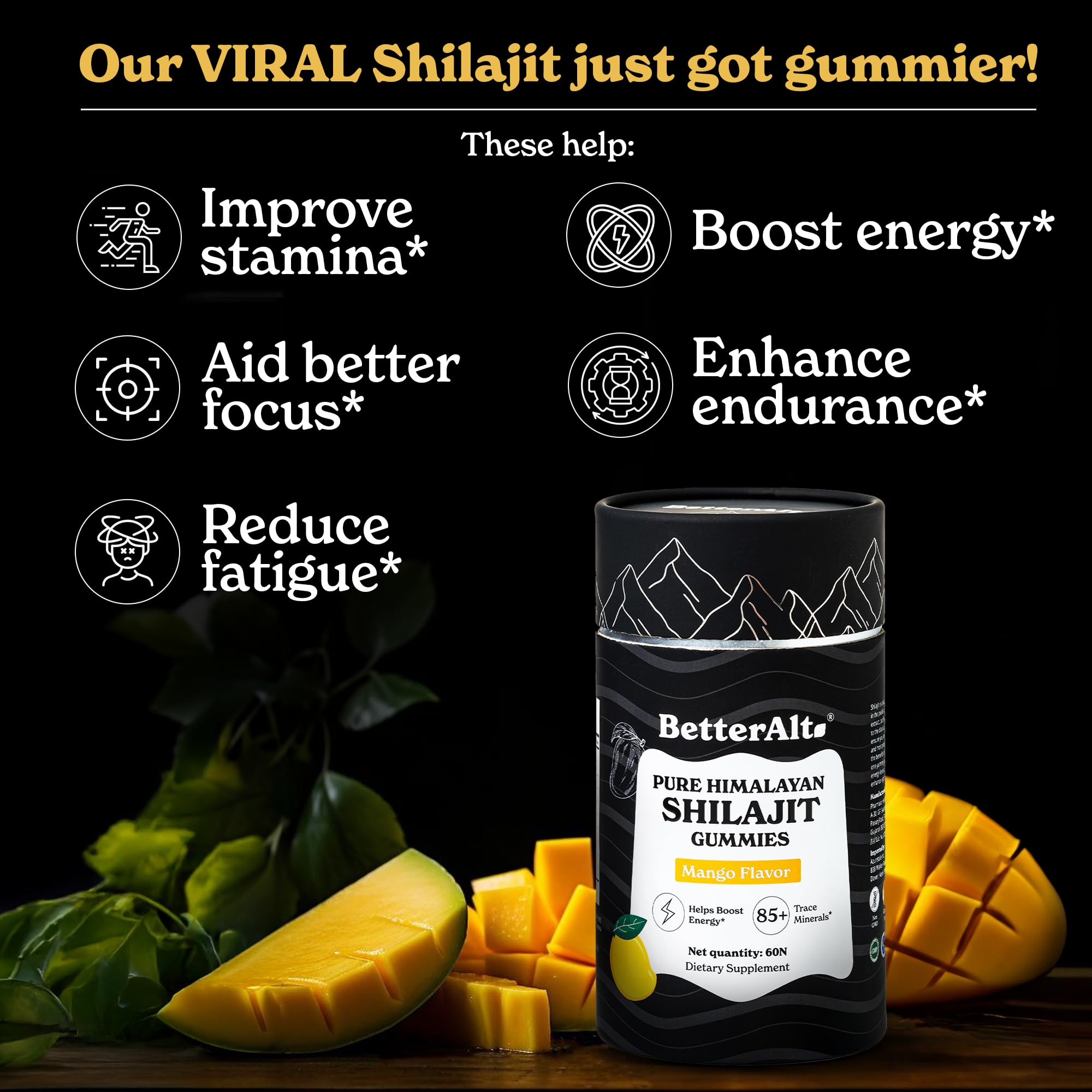 Better Alt Gomme Shilajit Mango – format voyage pratique sans eau.