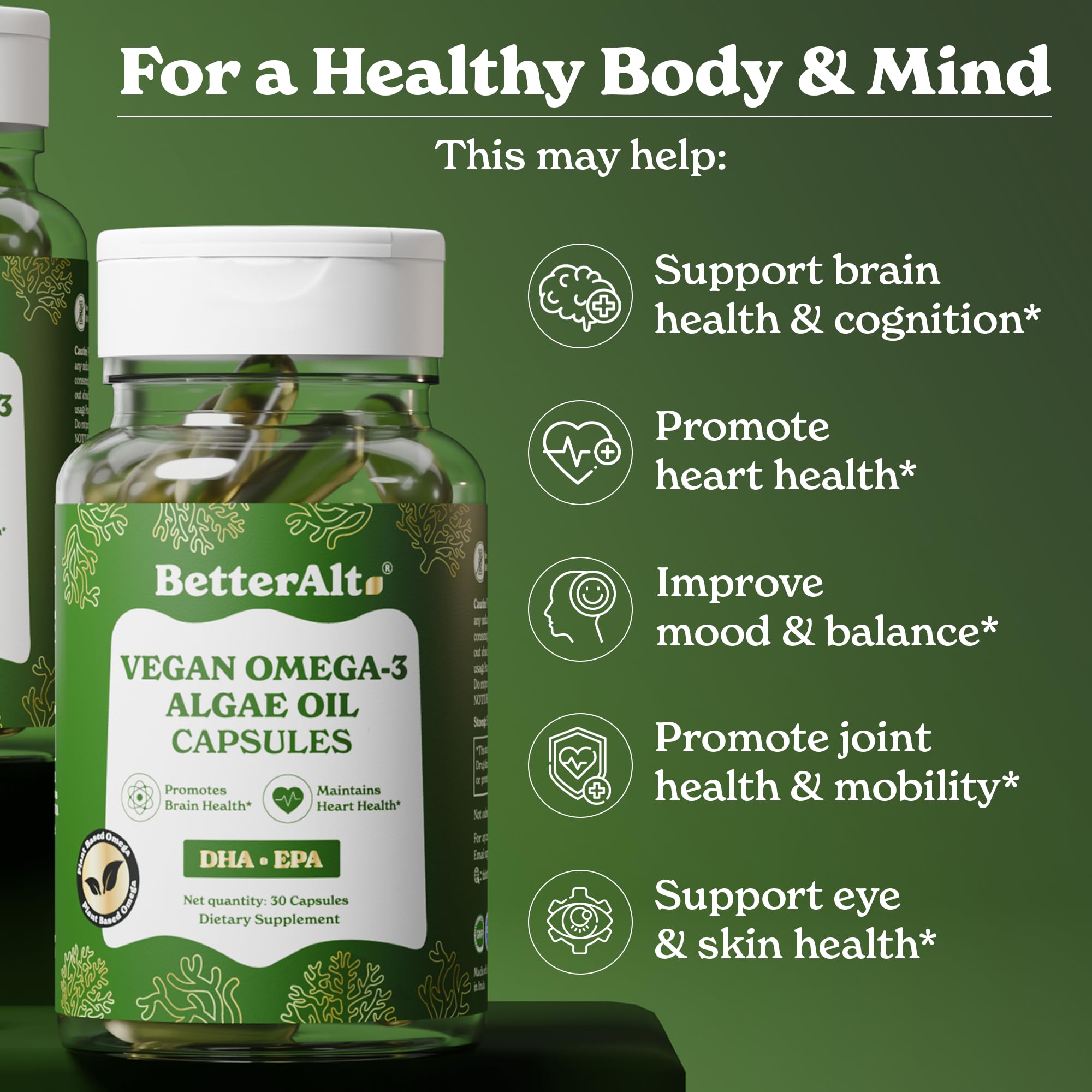 Gélules Better Alt Omega-3 montrant DHA et EPA, source végétale durable.