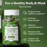 Gélules Better Alt Omega-3 montrant DHA et EPA, source végétale durable.