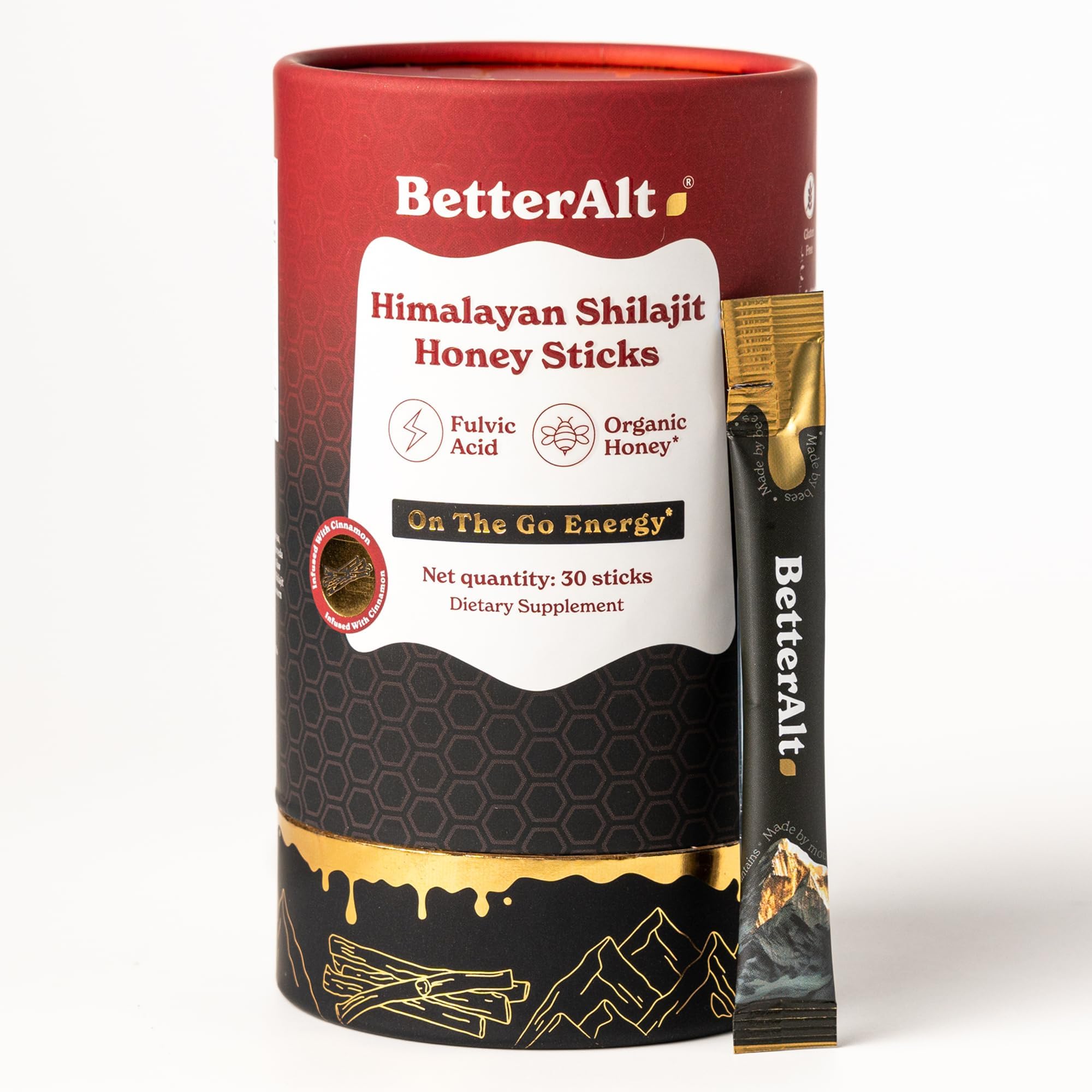 Better Alt Shilajit Cannelle Miel: vue ensemble du pack pour démarrer l'énergie naturellement.